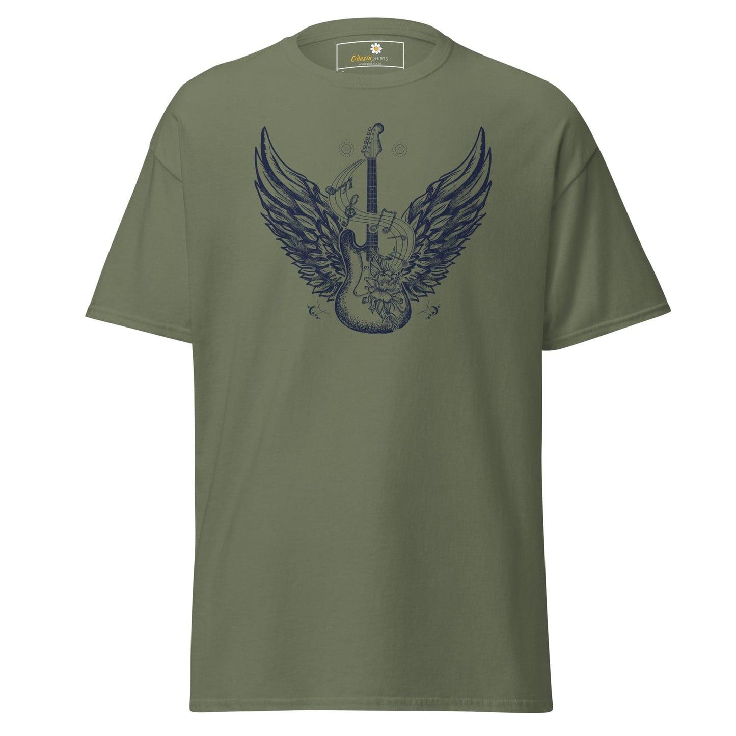 Olive green T-shirt with guitar and wings graphic for men and women S to XL