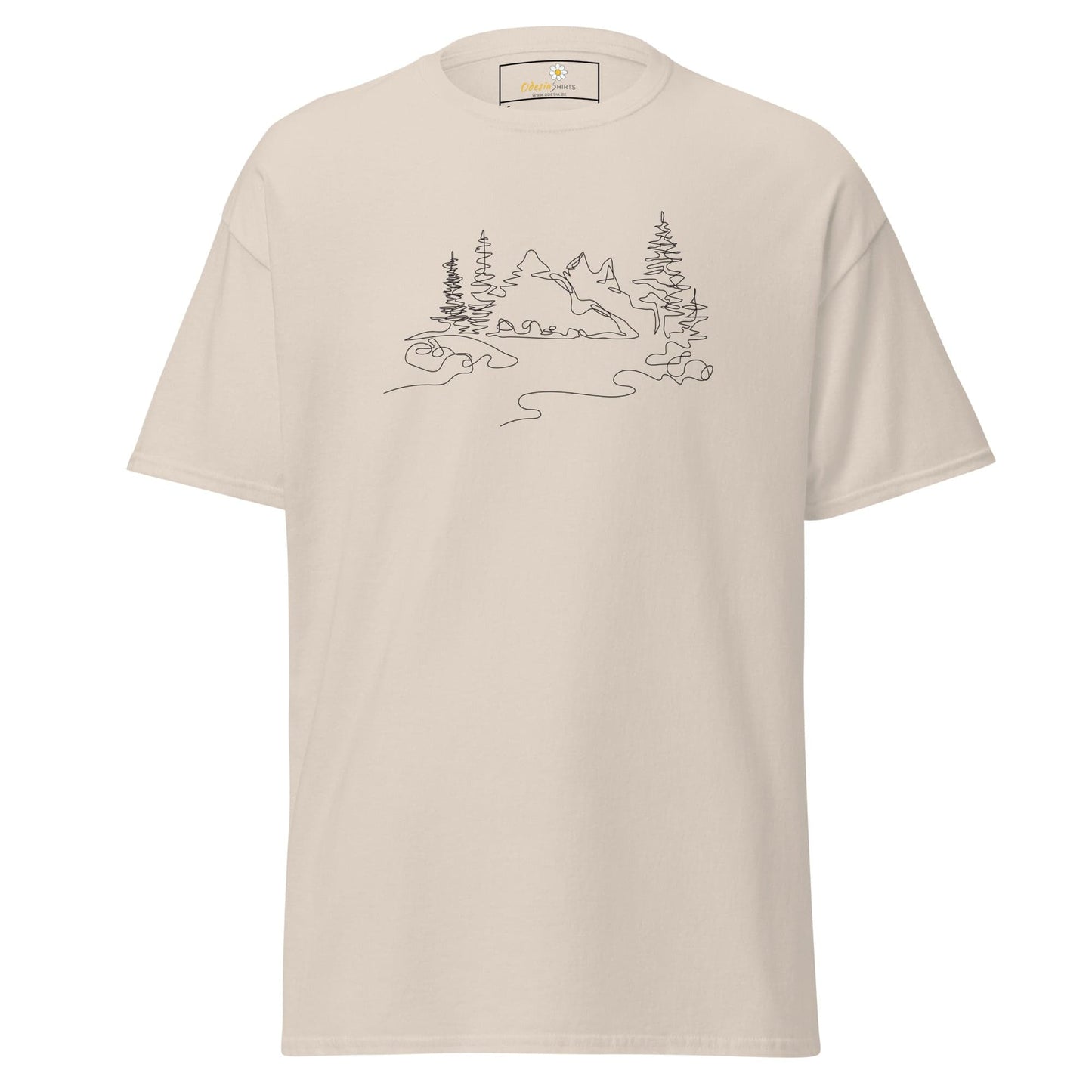 Beige T-shirt featuring mountain and tree line art in a stylish unisex design