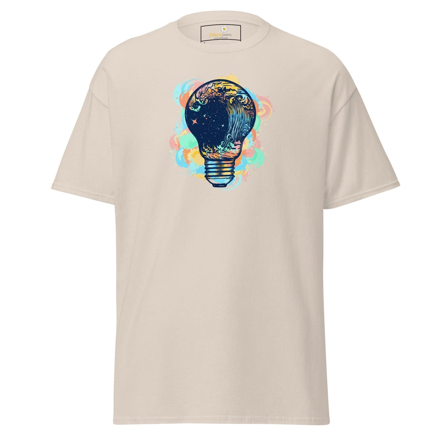 Beige T-shirt with lightbulb graphic from T-SHIRT DESIGN TEE for men and women in sizes S to XL