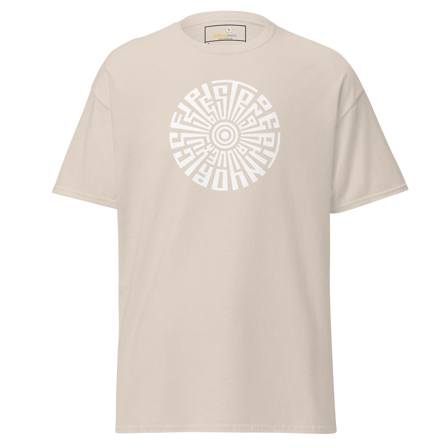 Beige T-shirt with circular white design, suitable for men and women, available in sizes S to XL