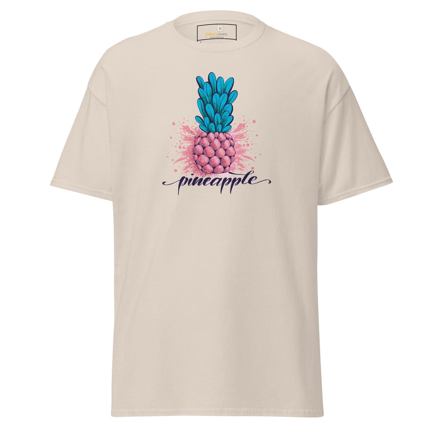 Beige T-shirt with pink and blue pineapple design for Men and Women size S to XL