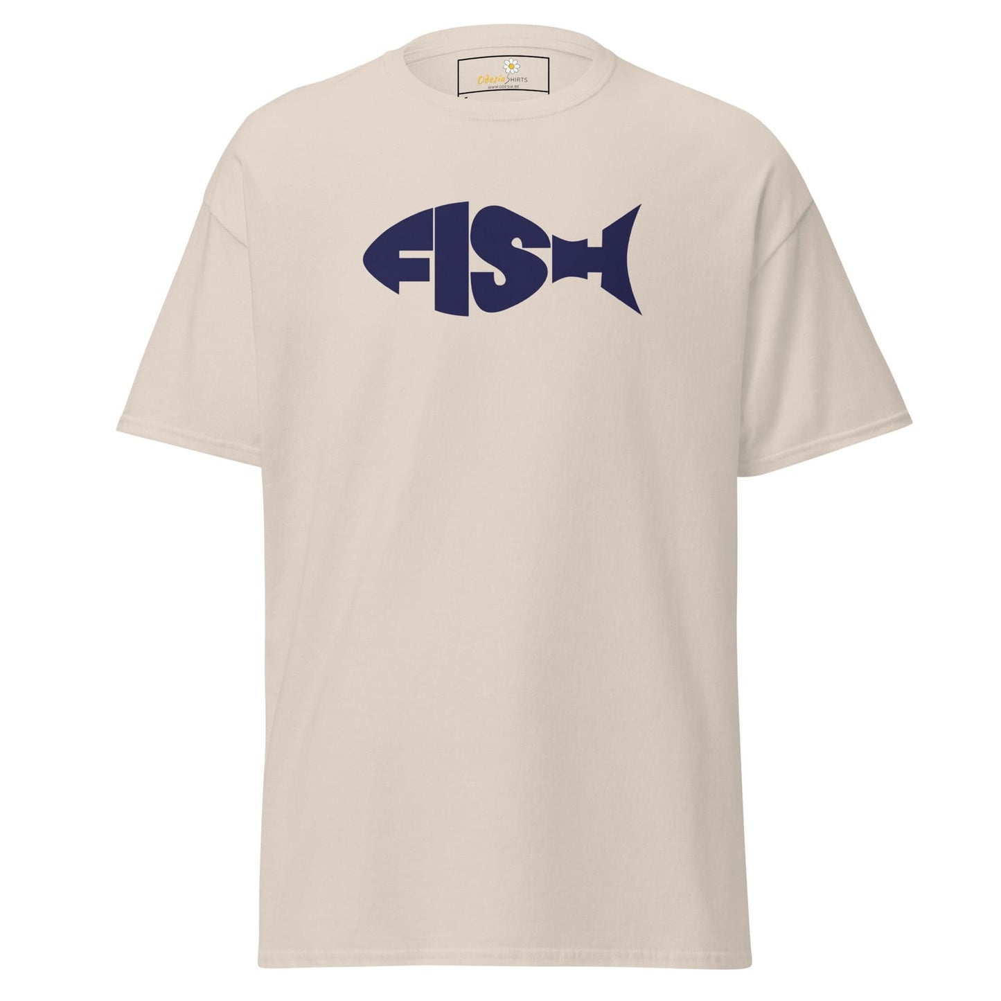 Beige T-shirt with FISH text shaped like a fish for men and women size S to XL