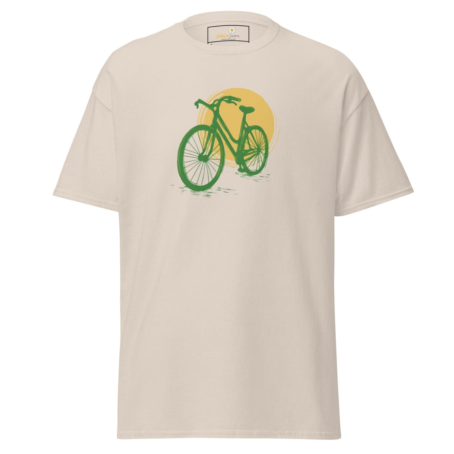 Beige T-shirt with green bicycle graphic for men and women in sizes S to XL