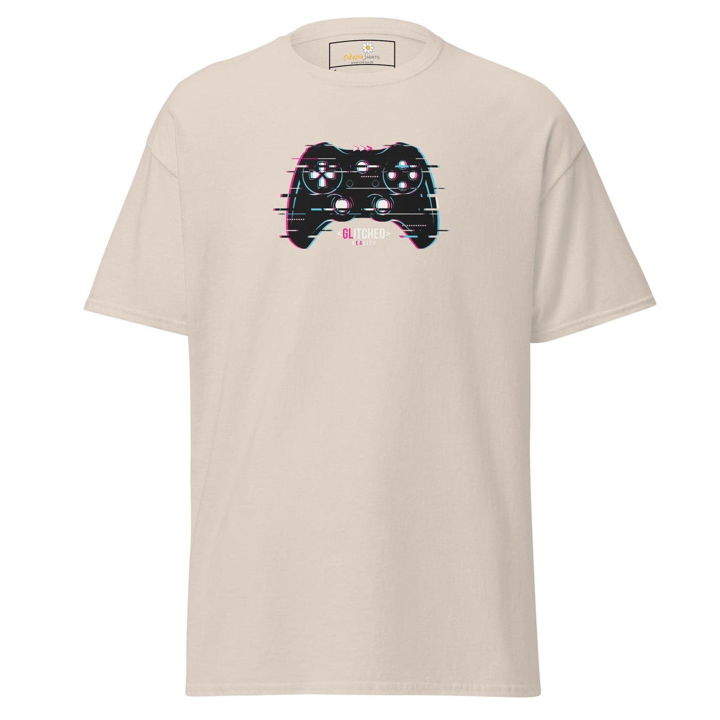 Beige T-shirt with glitching game controller design available in S to XL for Men and Women