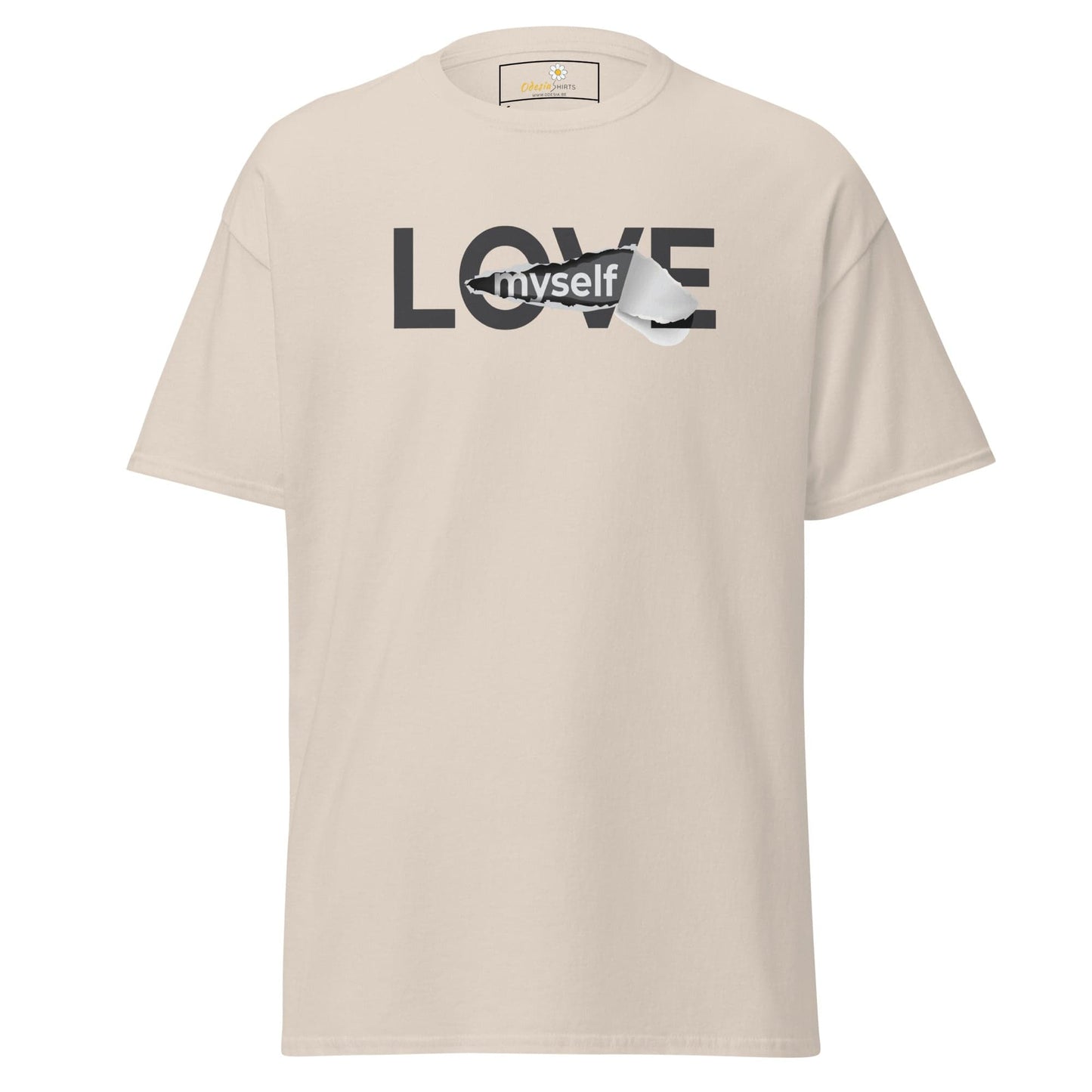 Beige T-shirt with Love Myself graphic from T-Shirt Design Tee for Men and Women sizing S to XL