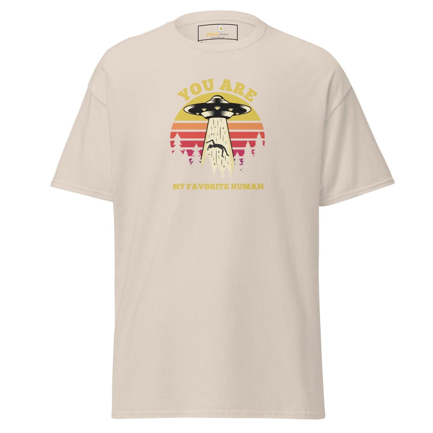 Beige T-shirt with alien abduction graphic for men and women in size S to XL