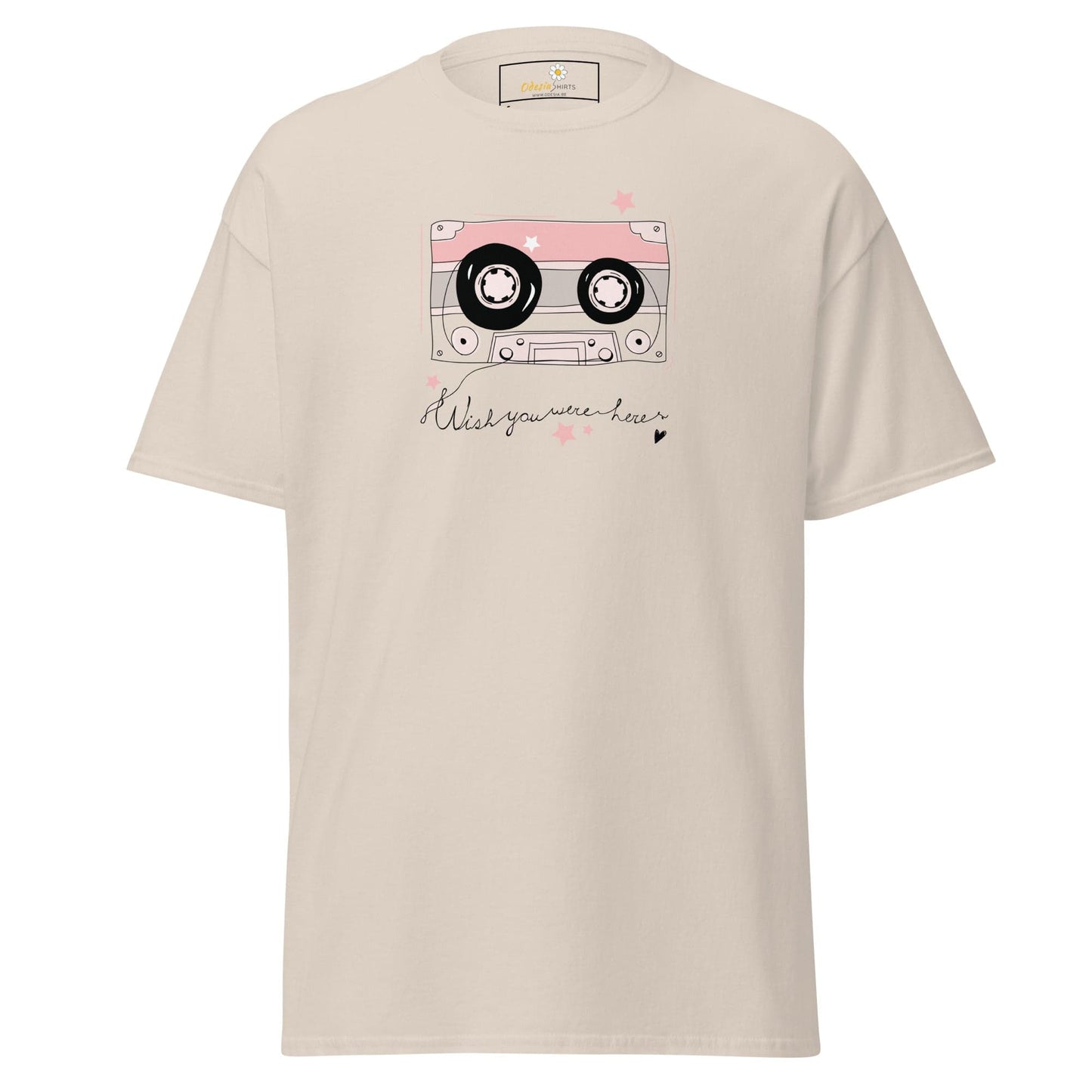 Beige T-shirt with cassette tape graphic for men and women in sizes S to XL