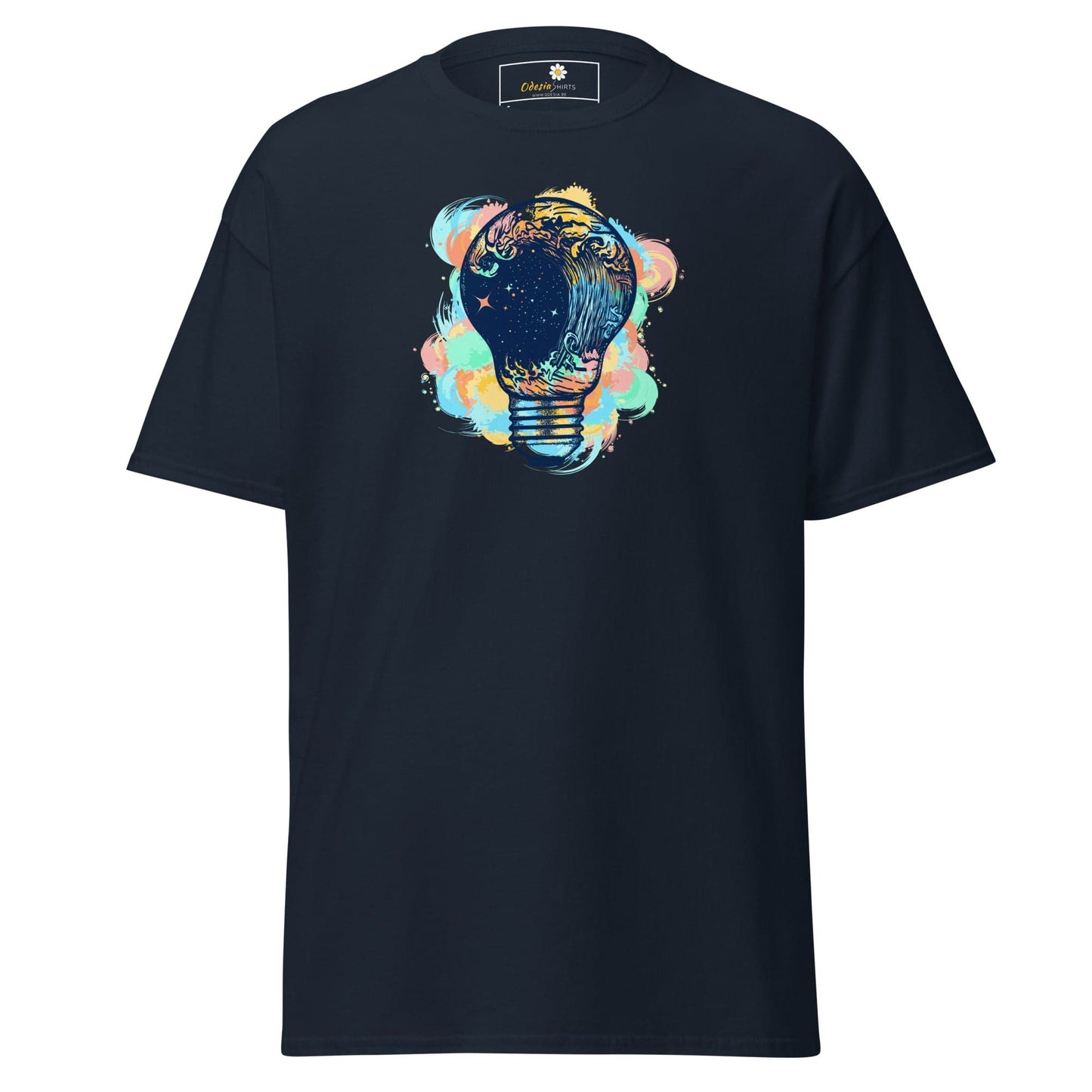 Navy blue T-shirt with lightbulb design for men and women available in sizes S to XL