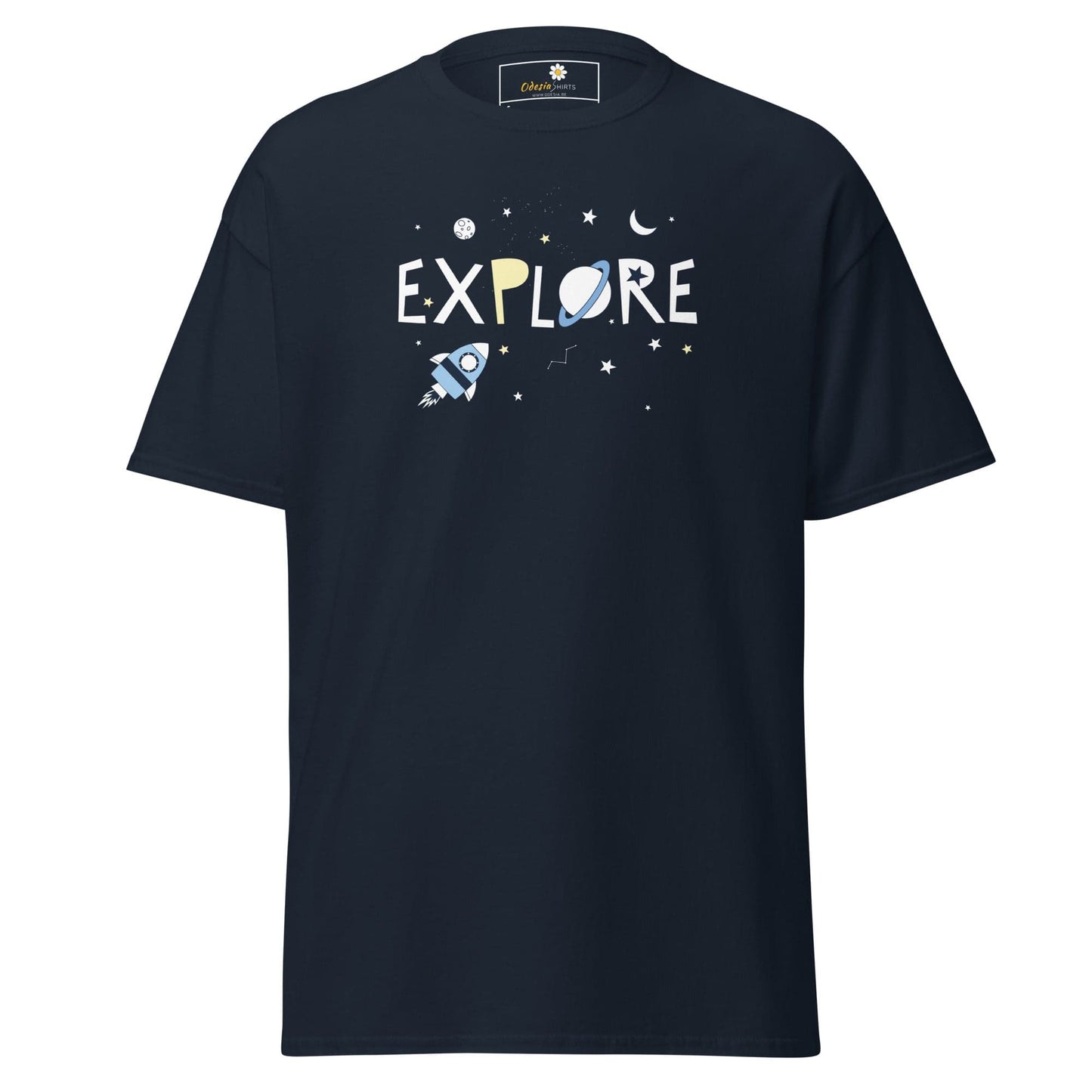 Navy blue T-shirt with space-themed graphic for men and women, available in sizes S to XL