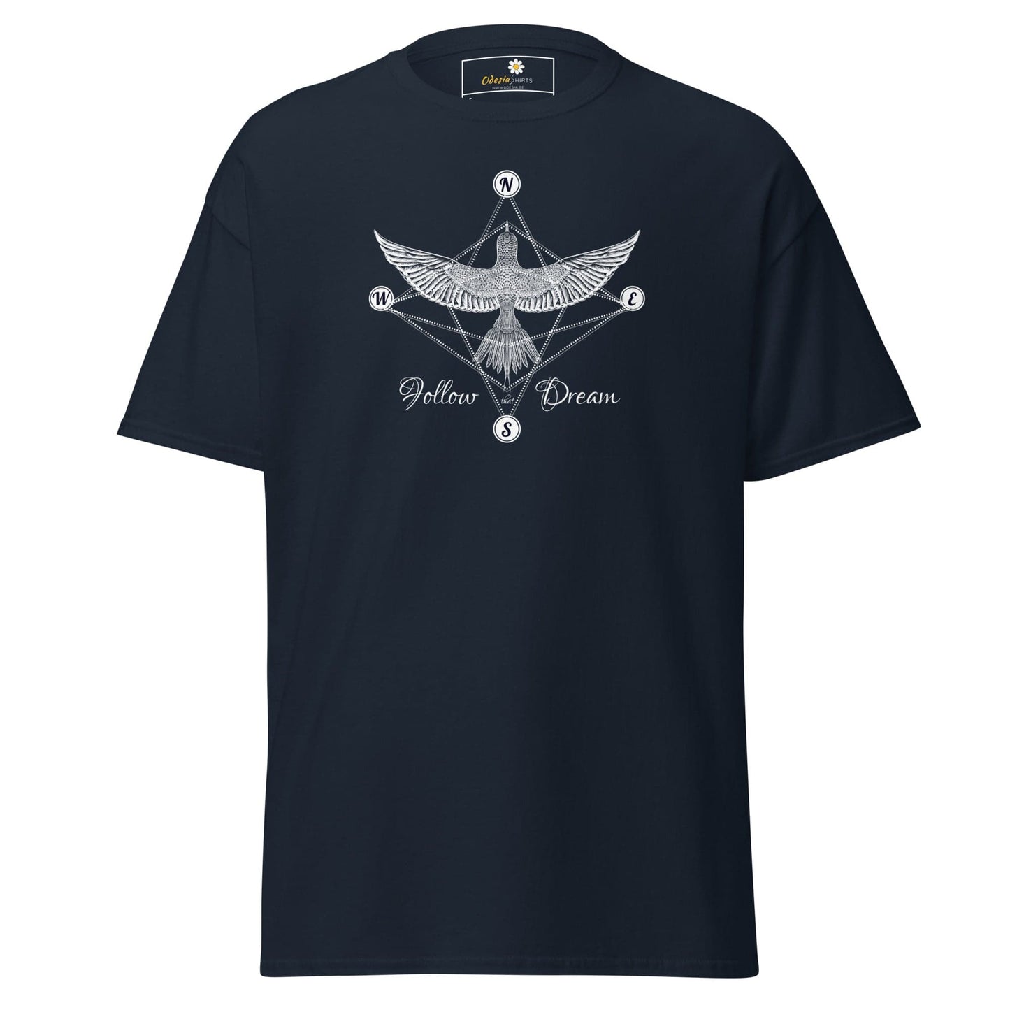 Navy blue T-shirt featuring a bird design, suitable for men and women, available in S to XL sizes