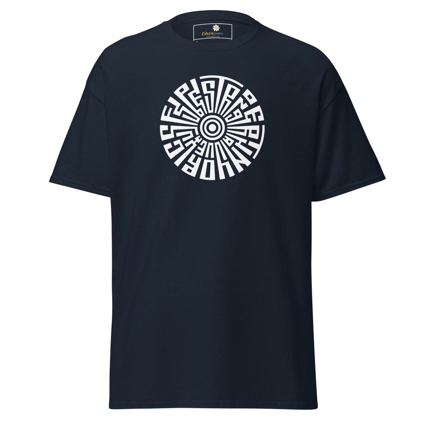 Navy T-shirt with circular white design for men and women in size S to XL
