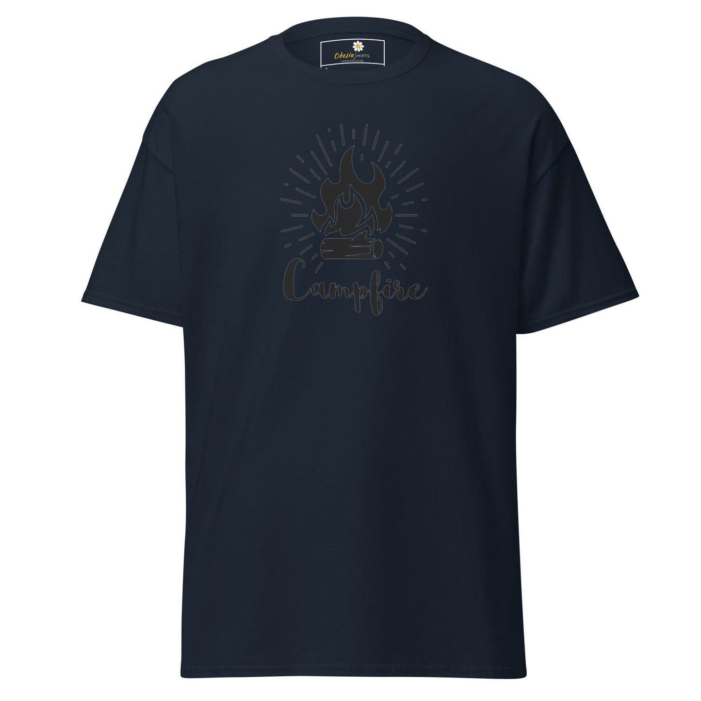 Navy blue T-shirt with campfire graphic for men and women in sizes S to XL