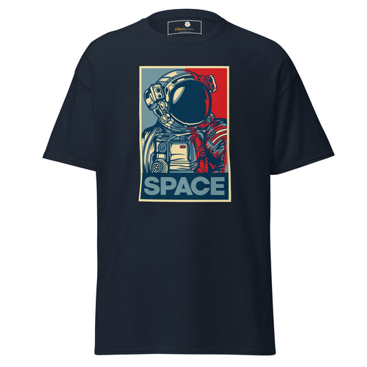 Navy blue T-shirt with astronaut graphic for men and women, available in sizes S to XL