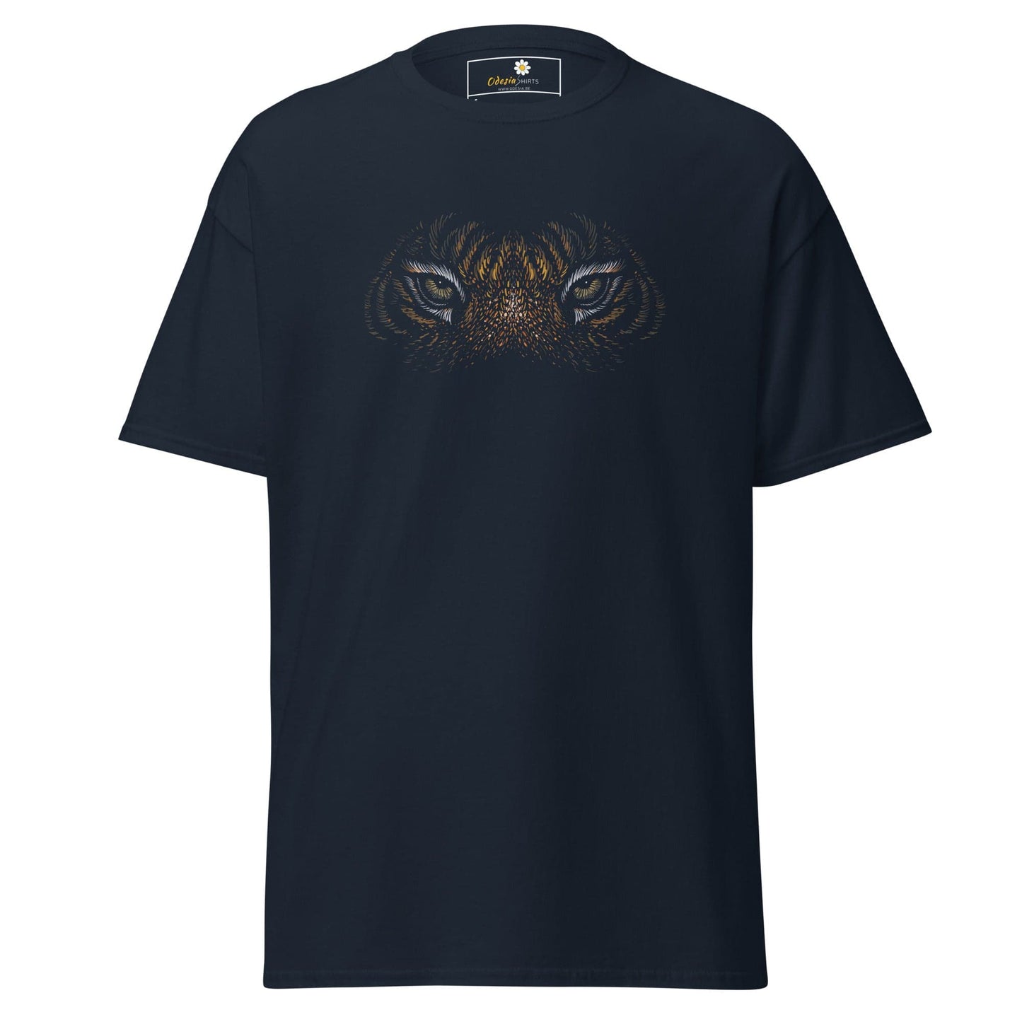 Navy blue T-shirt with Tiger Eyes design for men and women, available in sizes S to XL