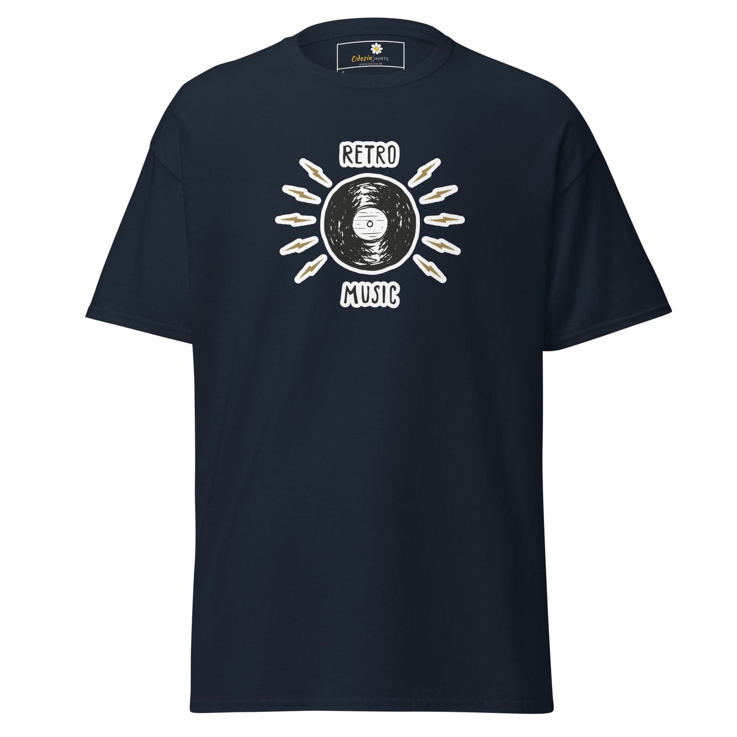 Navy blue T-shirt with retro music design for men and women, available in sizes S to XL