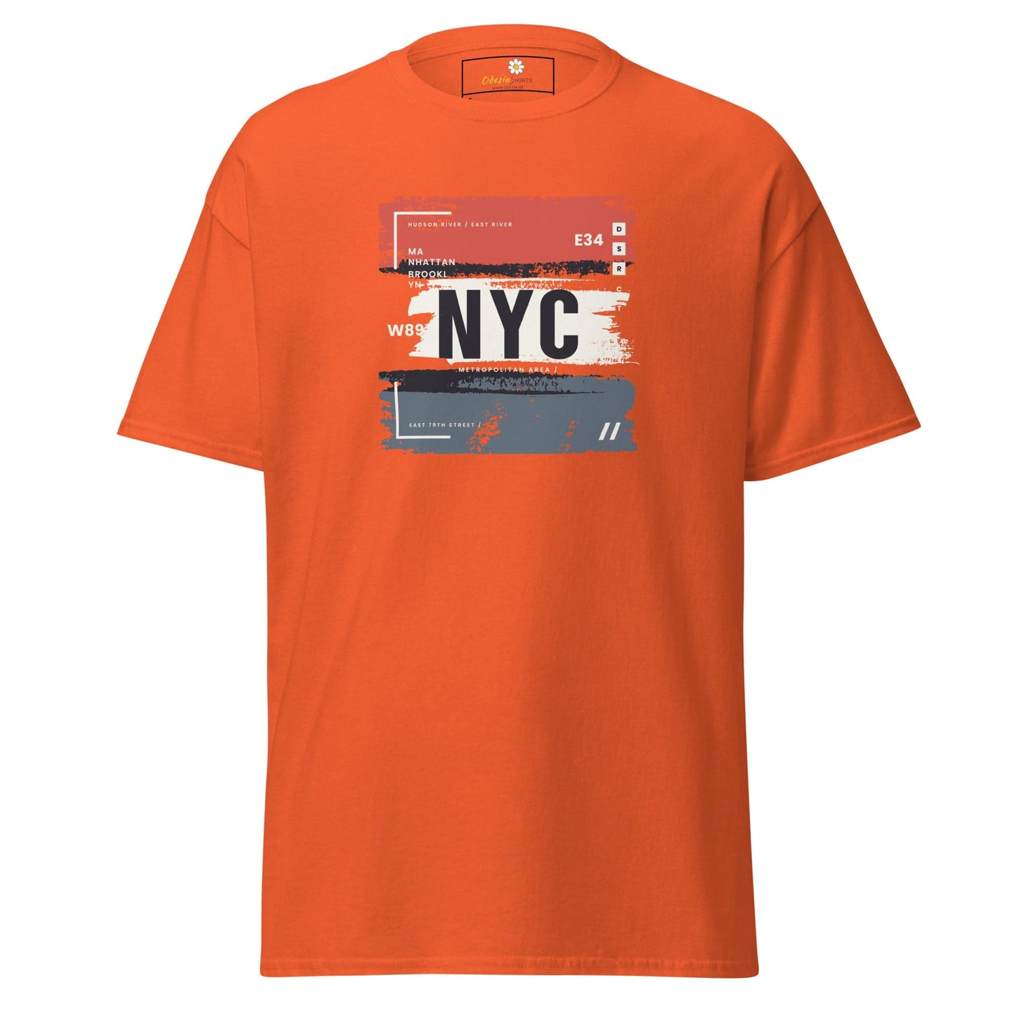 Orange t-shirt with NYC graphic for men and women, available in sizes S to XL