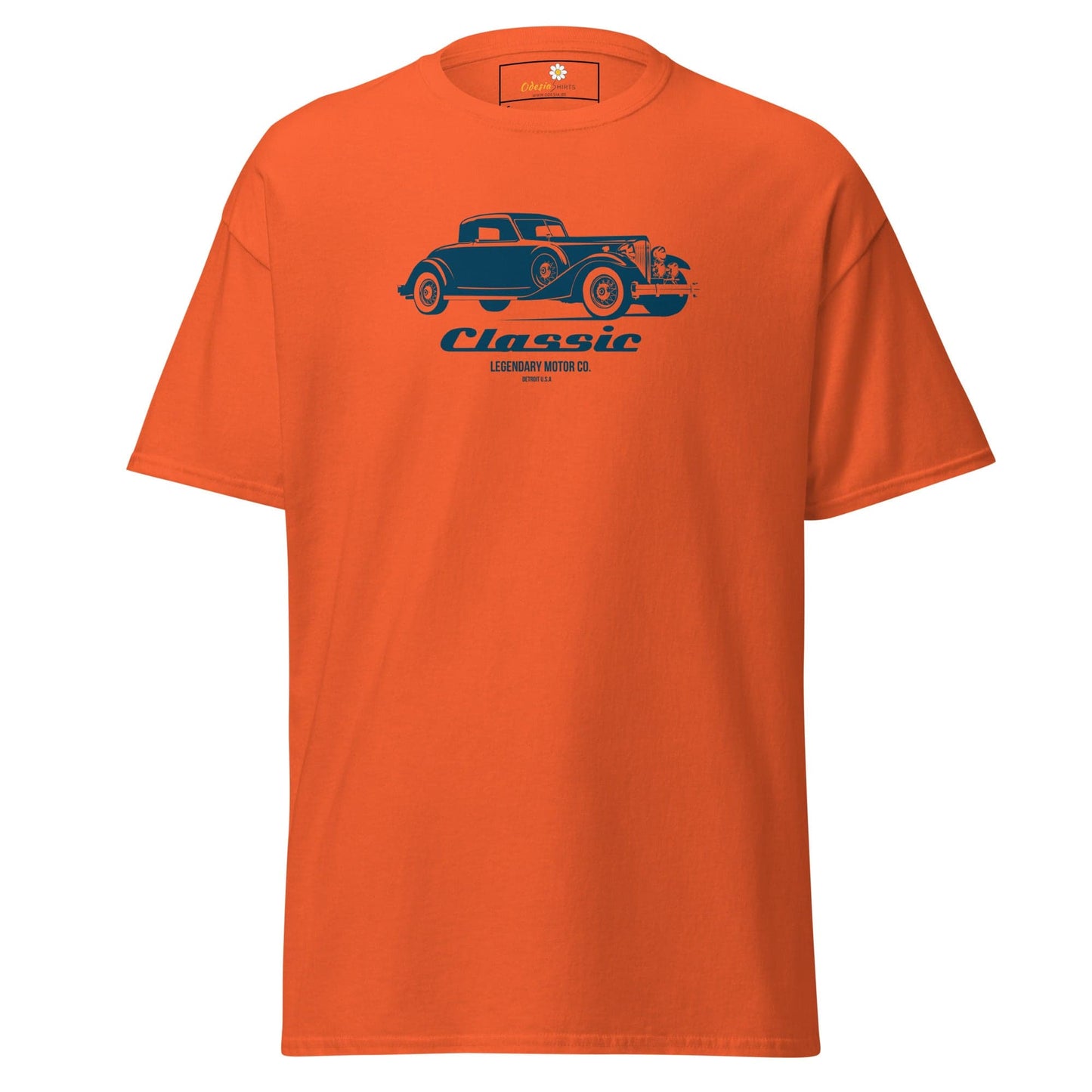 Orange T-shirt featuring a classic car design for men and women, available in sizes S to XL