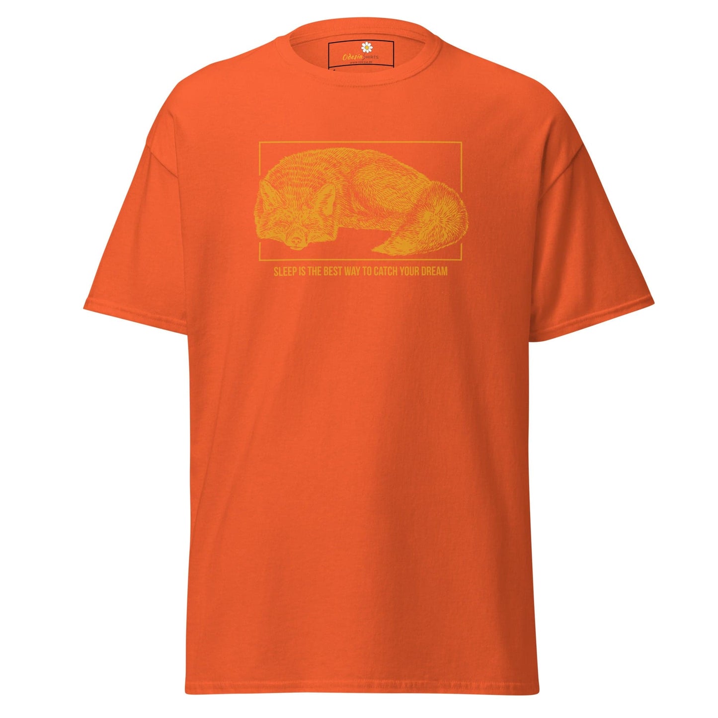 Orange T-shirt with sleeping fox graphic from T-SHIRT DESIGN TEE for Men and Women