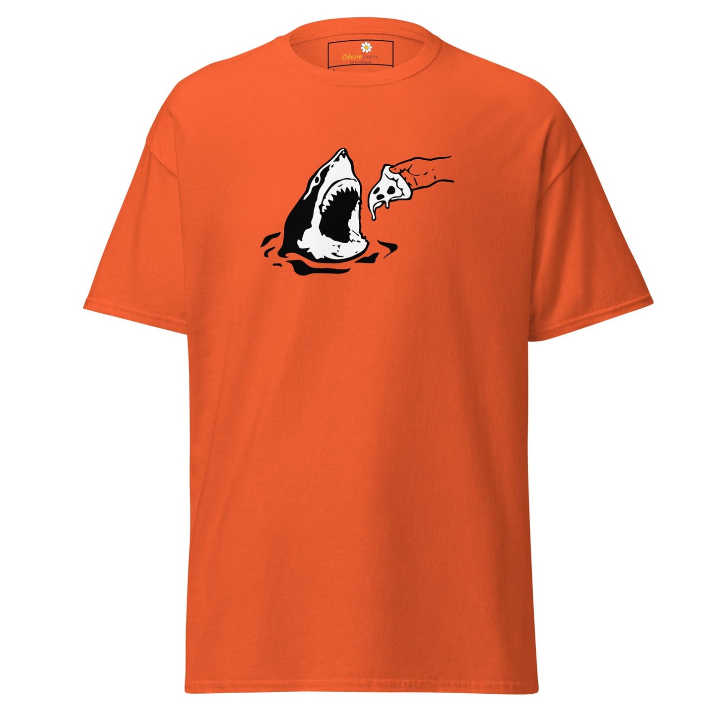 Orange T-shirt with shark and pizza graphic from T-SHIRT DESIGN TEE for Men and Women