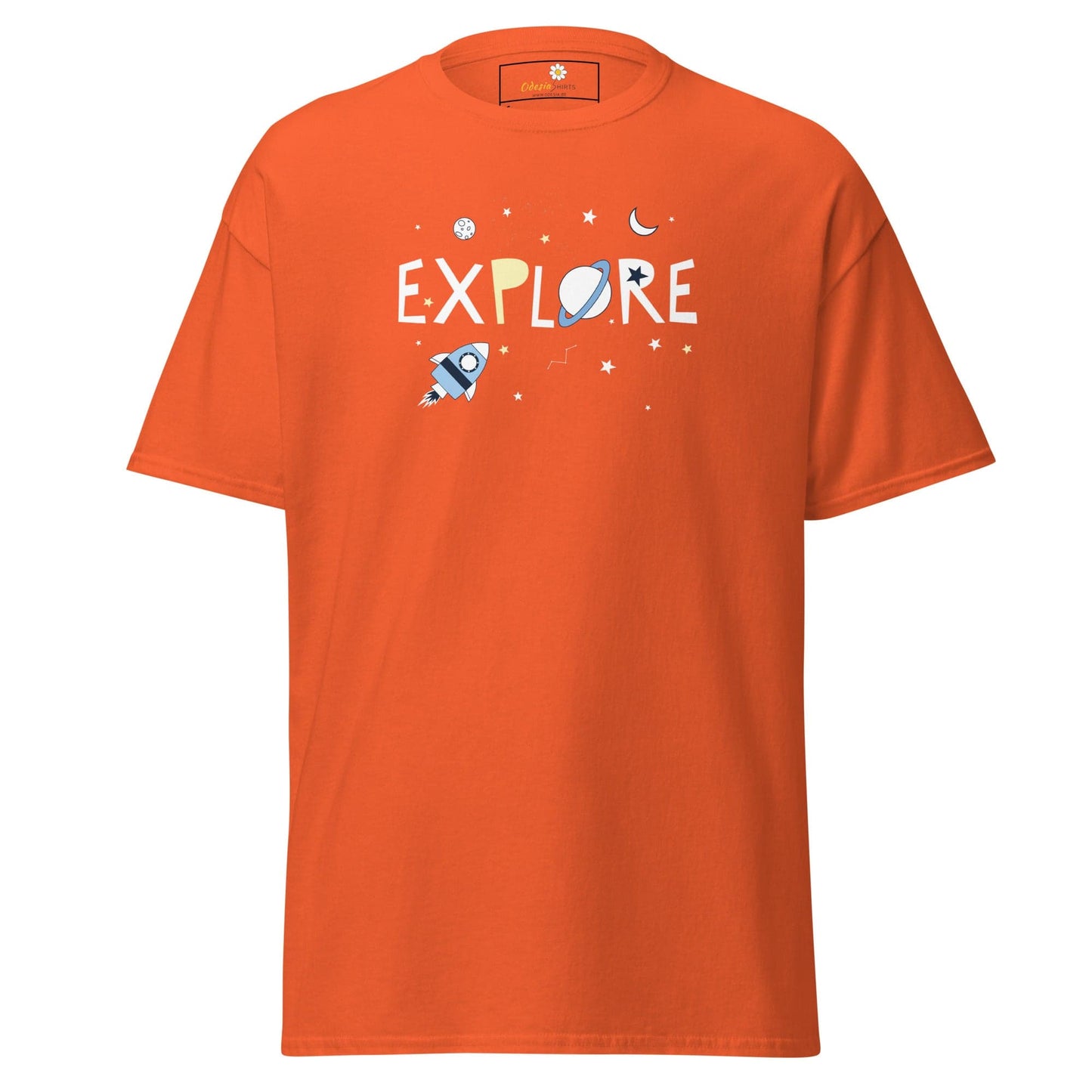 Orange T-shirt with space-themed graphic available in S to XL sizes for men and women