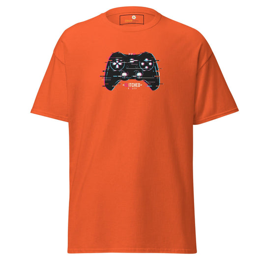 Orange T-shirt with controller graphic, suitable for men and women, available in sizes S to XL