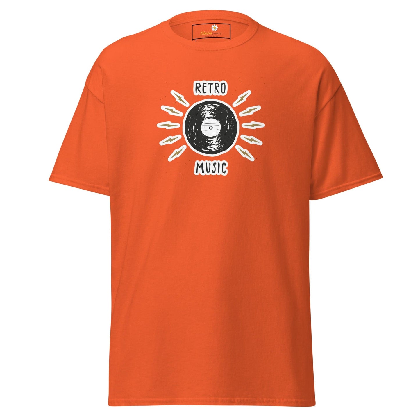 Orange T-shirt with retro music design for men and women in sizes S to XL