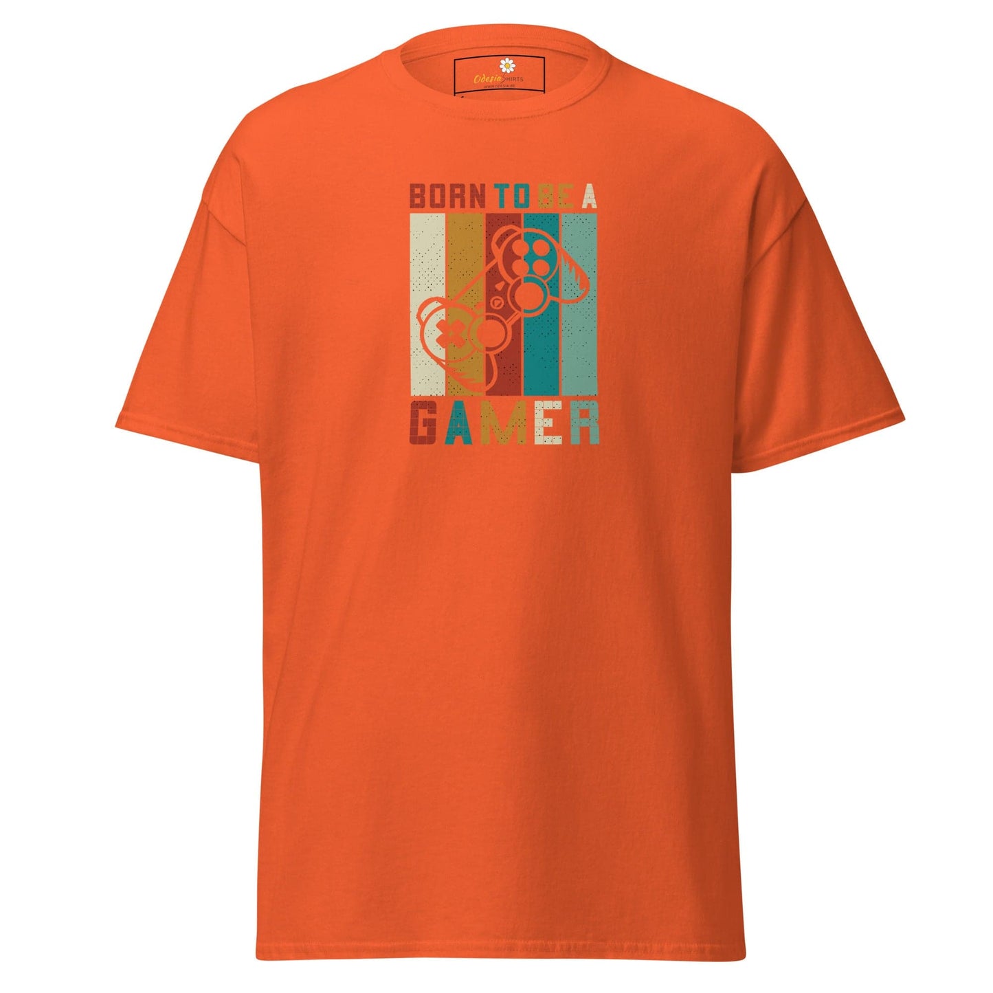Orange T-shirt with gamer design for men and women, available in sizes S to XL