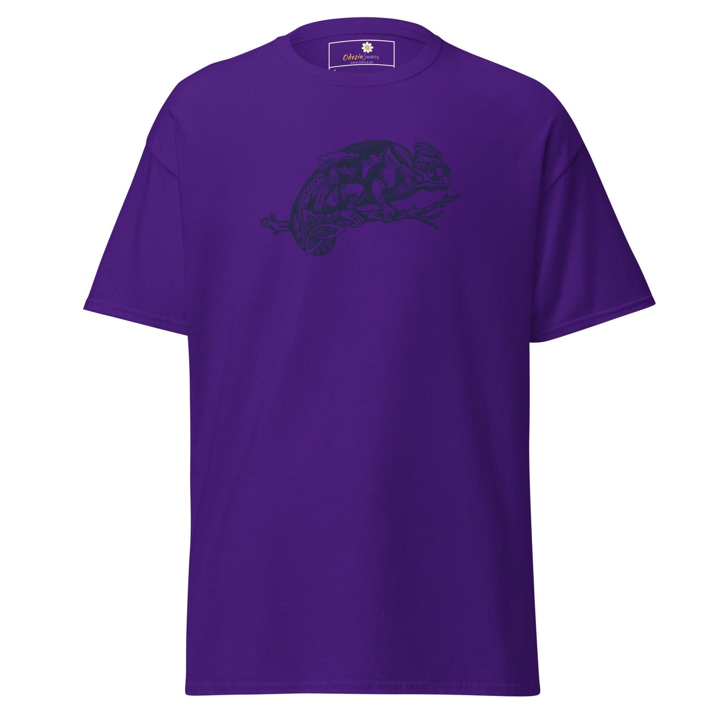Purple T-shirt with chameleon design for men and women in sizes S to XL