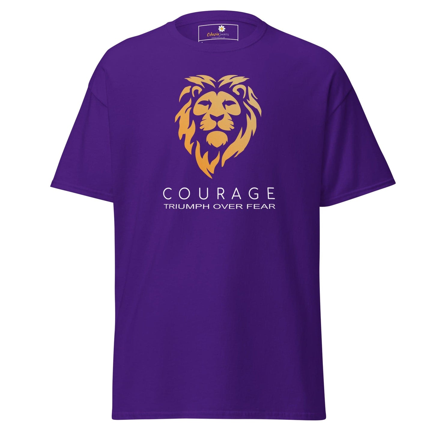 Purple T-shirt with lion graphic for men and women in sizes S to XL