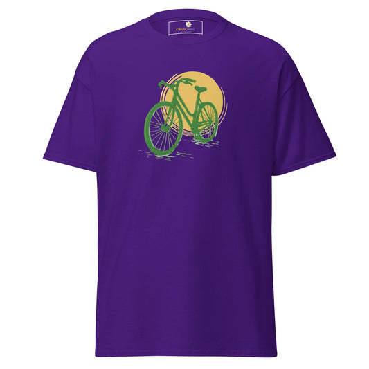 Purple T-shirt with green bicycle graphic, suitable for men and women, sizes S to XL