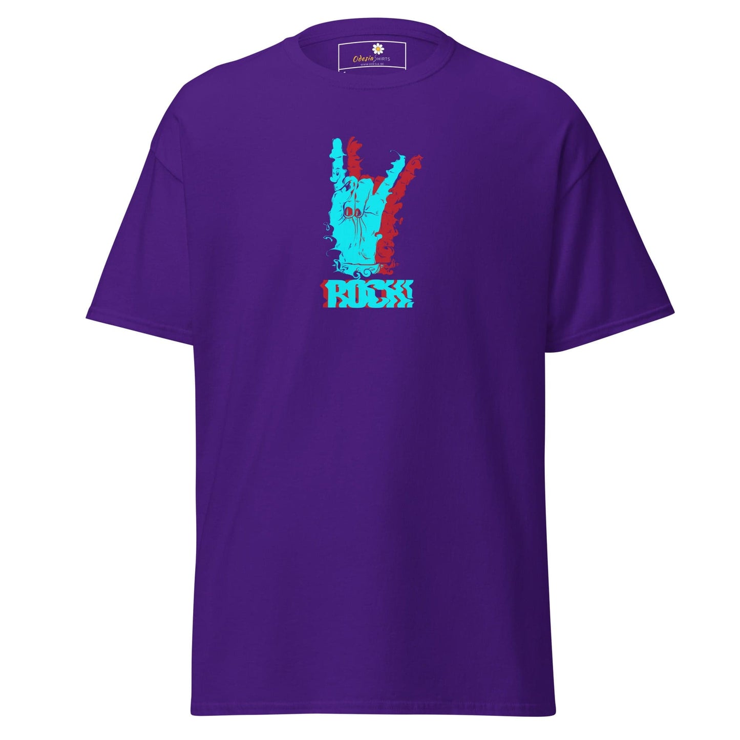 Purple T-shirt with rock hand gesture graphic, suitable for men and women, sizes S to XL