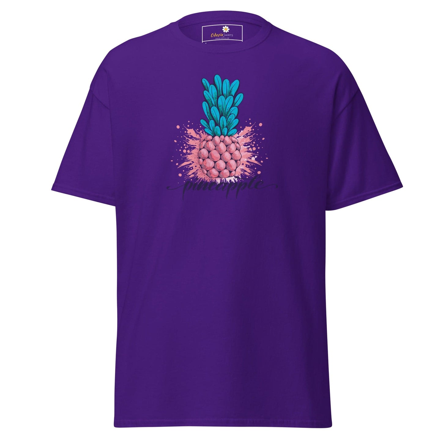 Purple T-shirt with pineapple graphic for men and women in sizes S to XL
