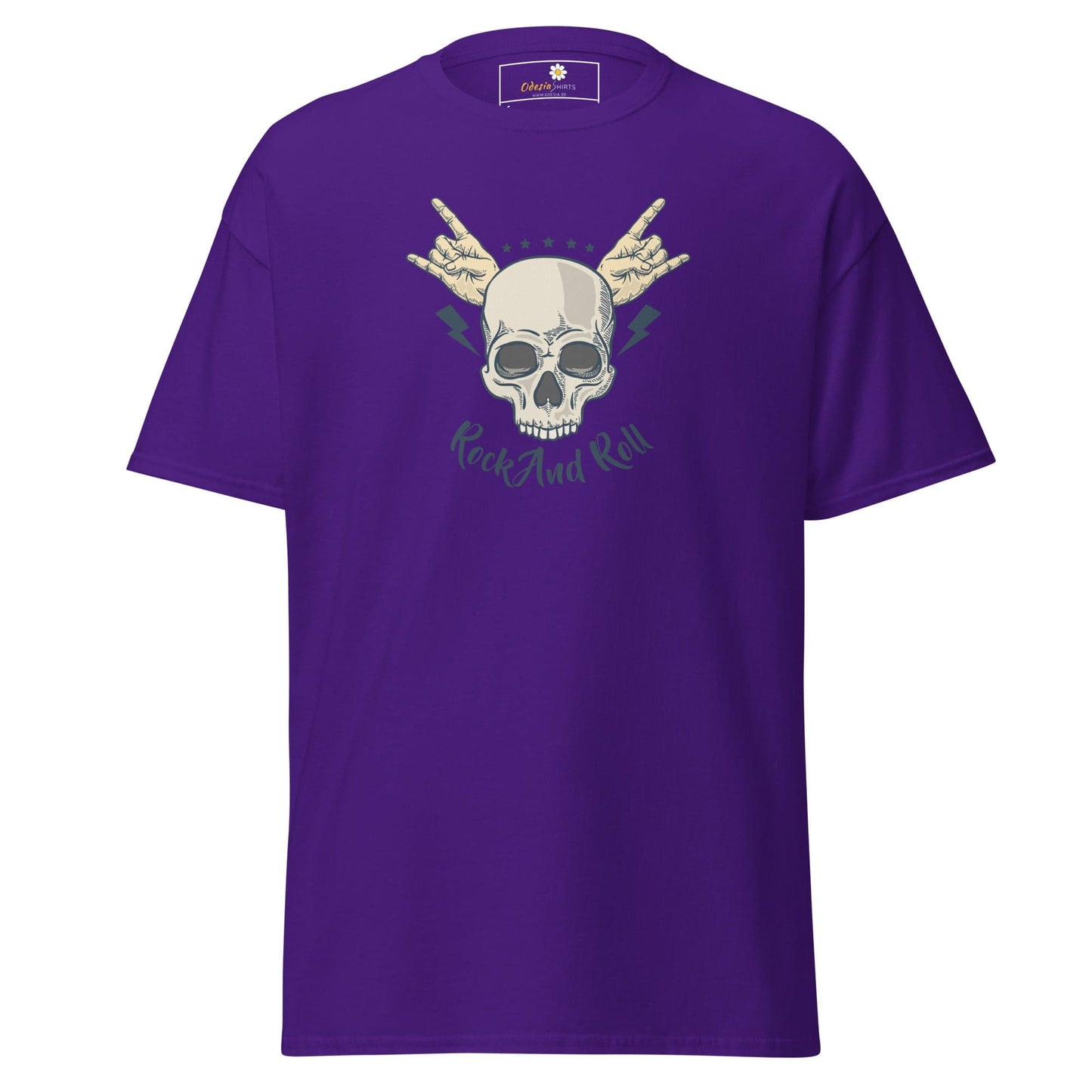 Purple T-shirt with skull graphic for men and women available in sizes S to XL