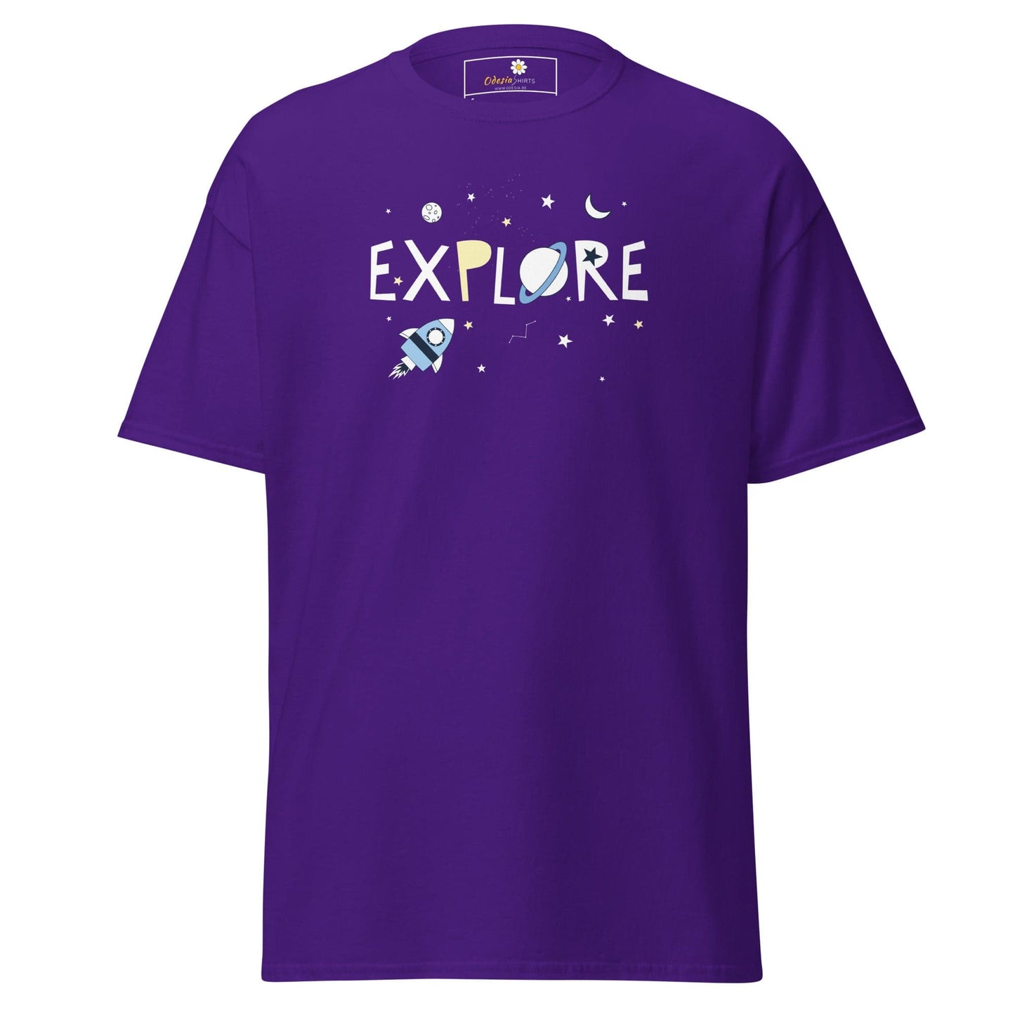 Purple space-themed graphic T-shirt for men and women in sizes S to XL