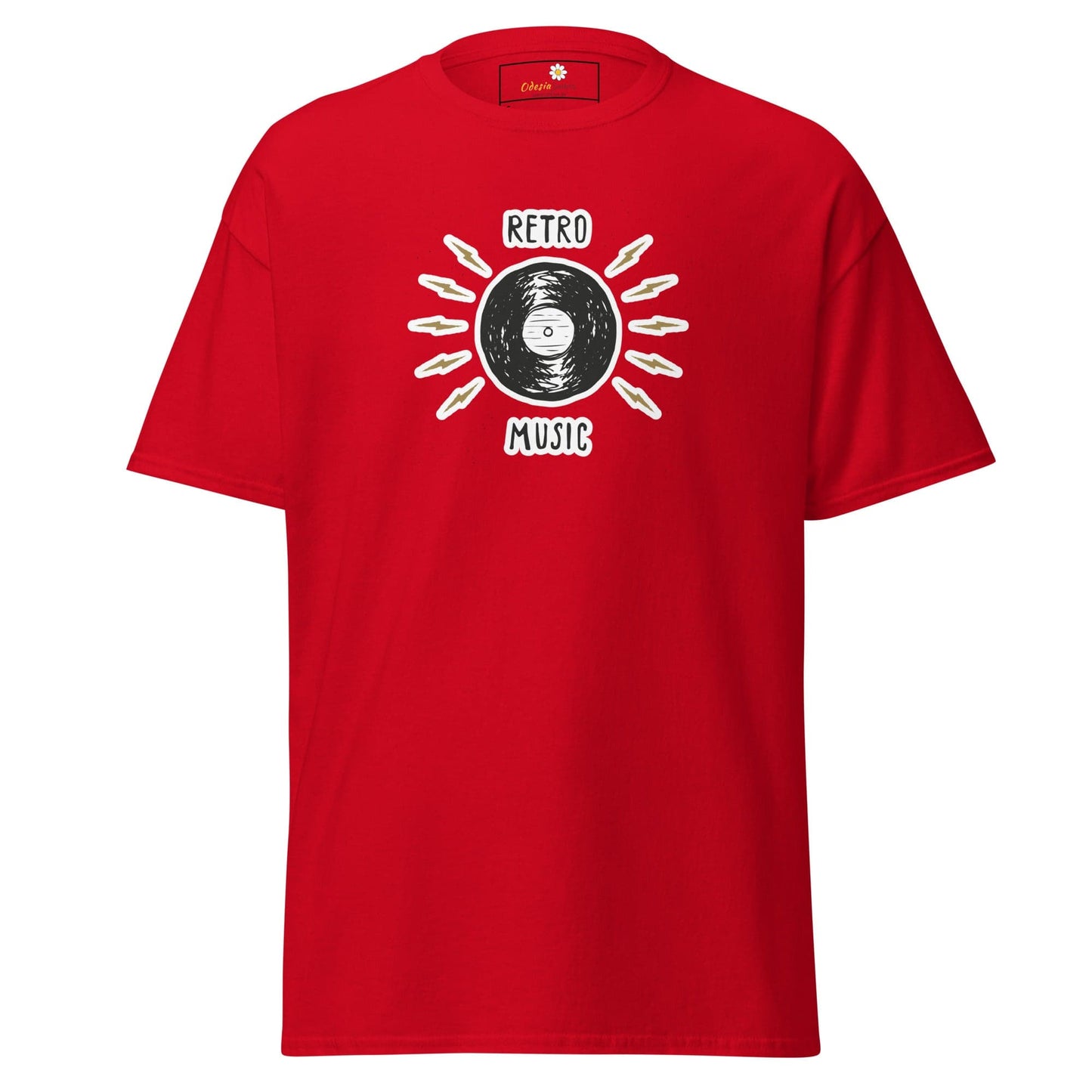 Red T-shirt with retro music design for Men and Women in sizes S to XL