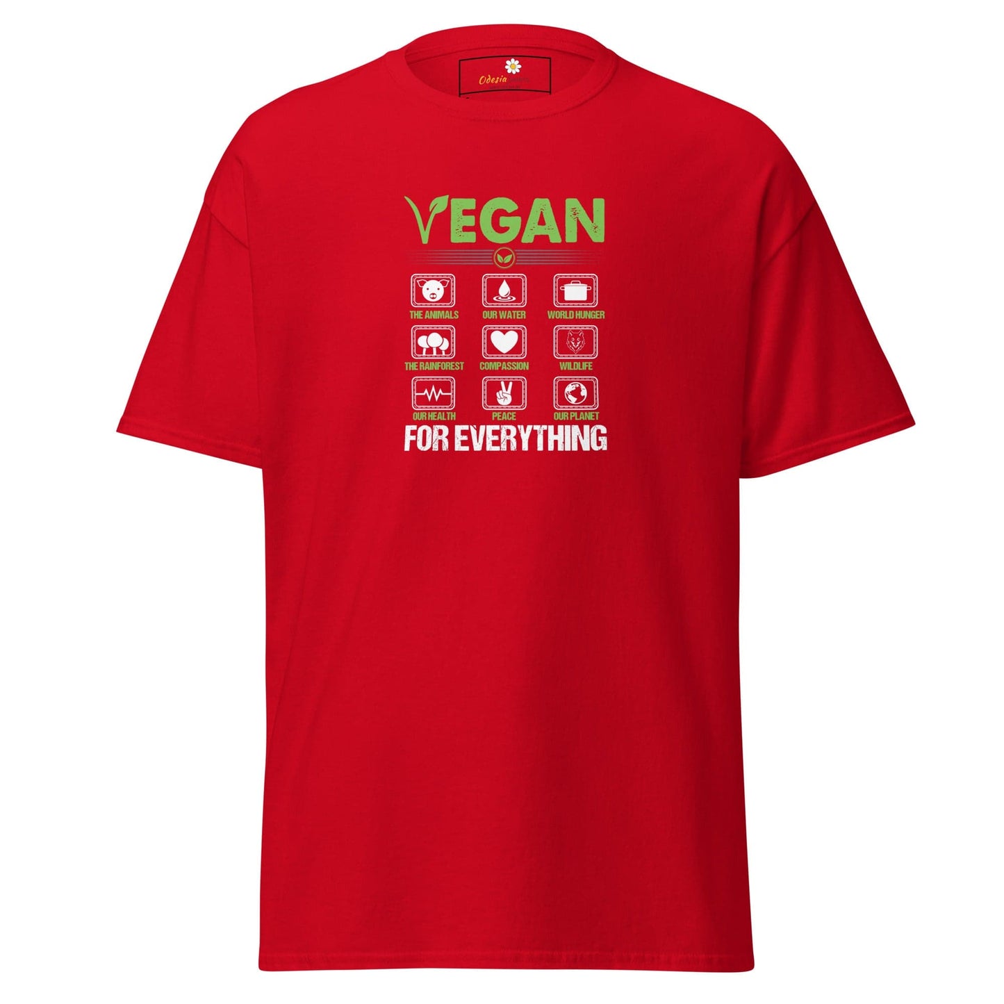 Red vegan-themed T-shirt displayed in T-SHIRT DESIGN TEE for men and women, sizes S to XL