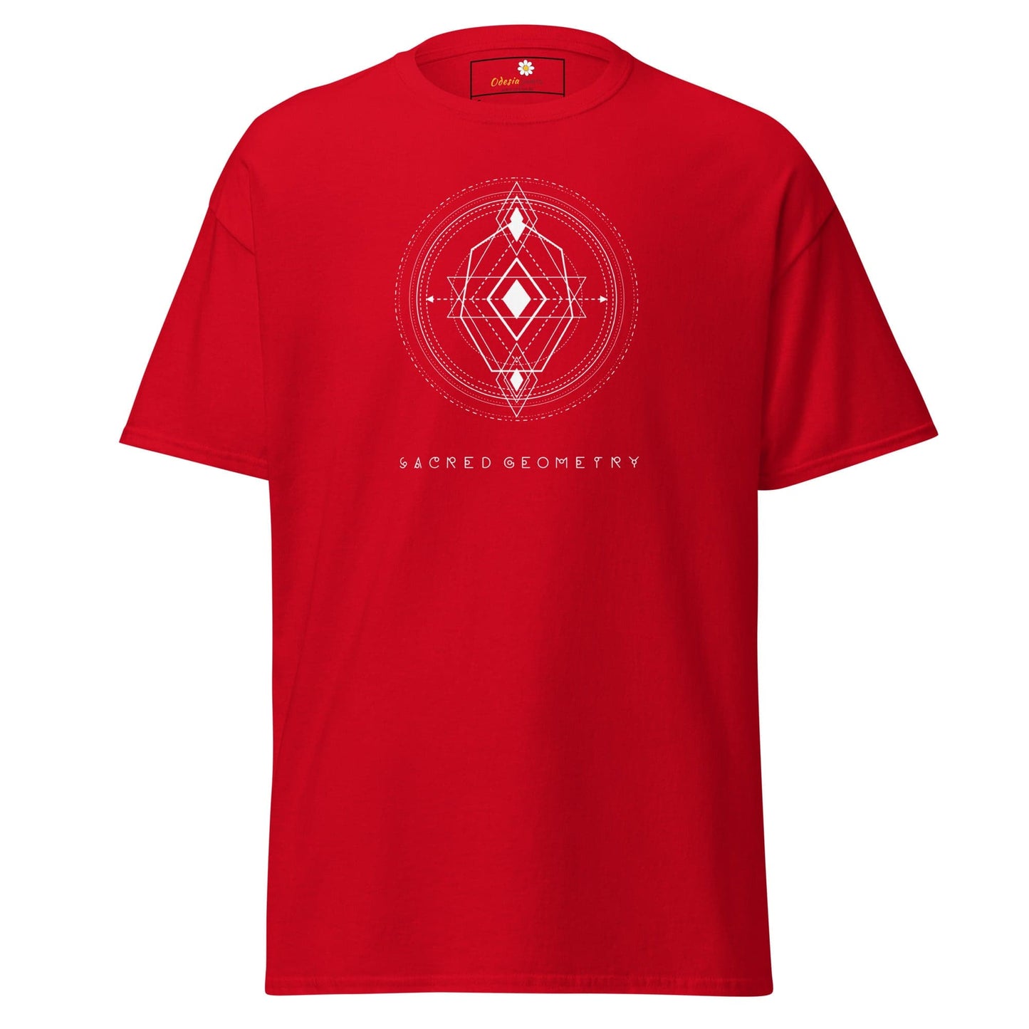 Red T-shirt with geometric design for men and women available in size S to XL