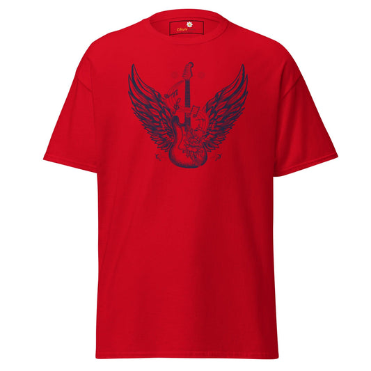 Red T-shirt featuring guitar and wings graphic for Men and Women in sizes S to XL