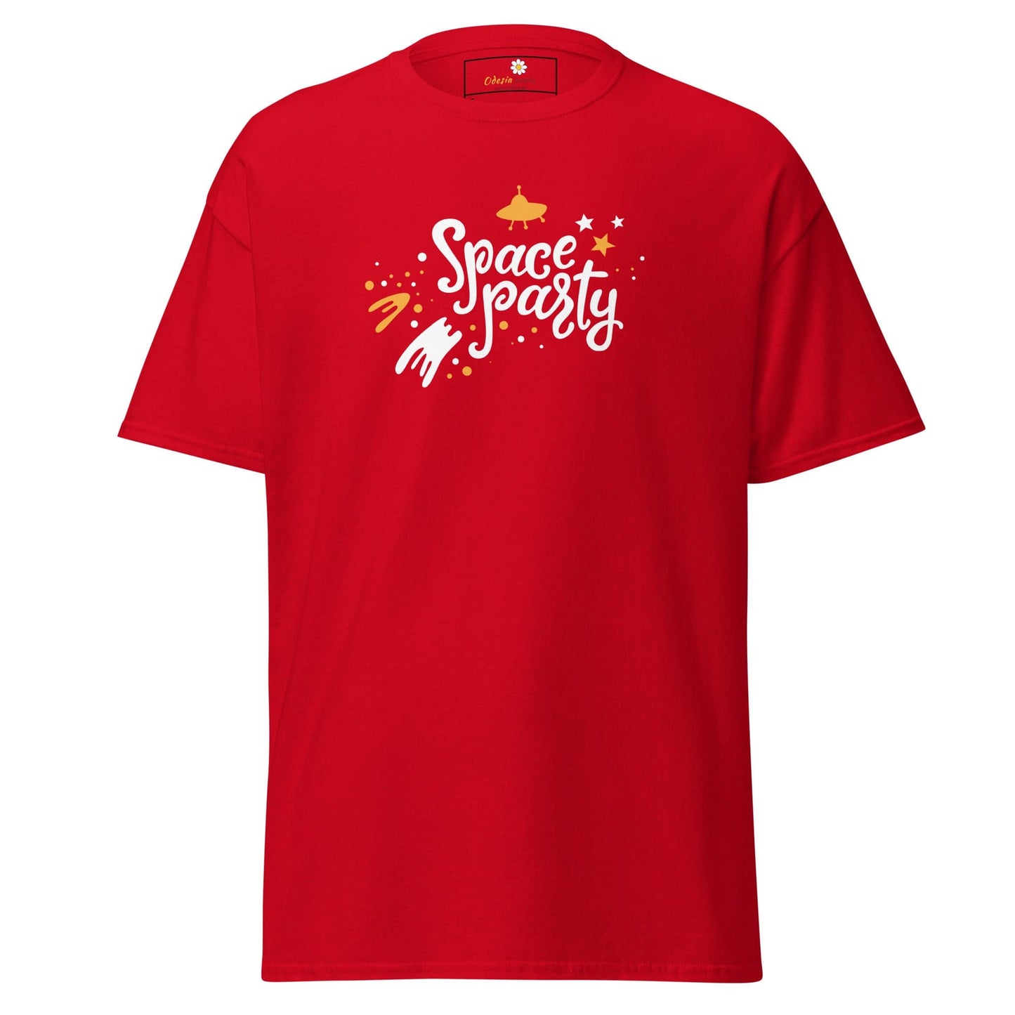 Red T-Shirt with Space Party Graphic for Men and Women, available in Sizes S to XL