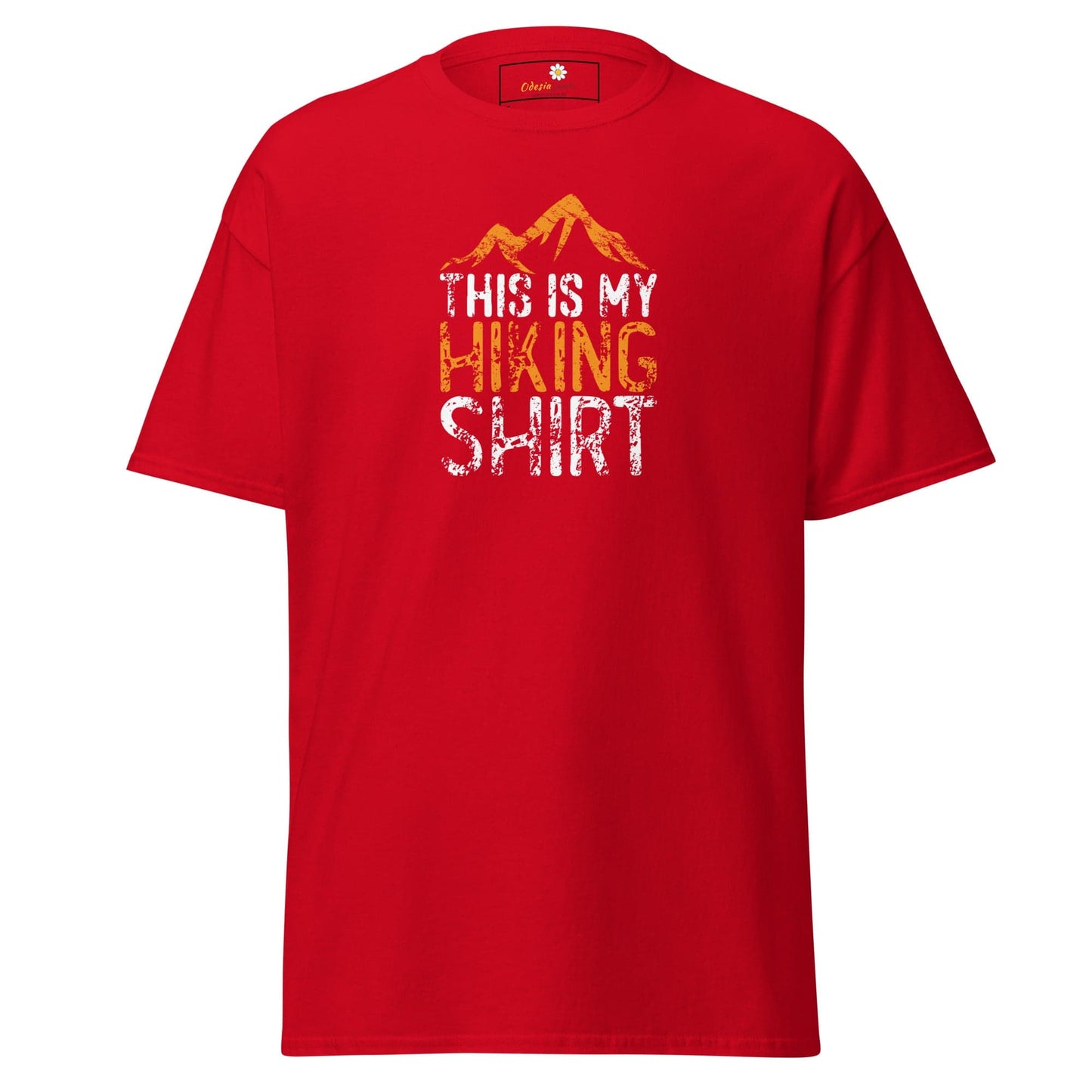 Red T-shirt with hiking graphic available in men’s and women’s sizes S to XL