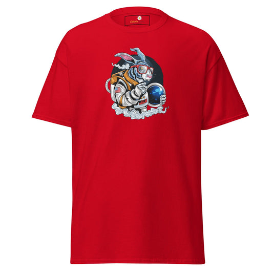 Red T-shirt with astronaut rabbit graphic for men and women, available in sizes S to XL