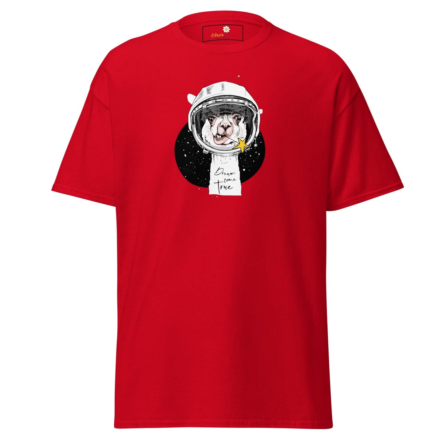 Red astronaut alpaca graphic T-shirt for men and women in S to XL sizes