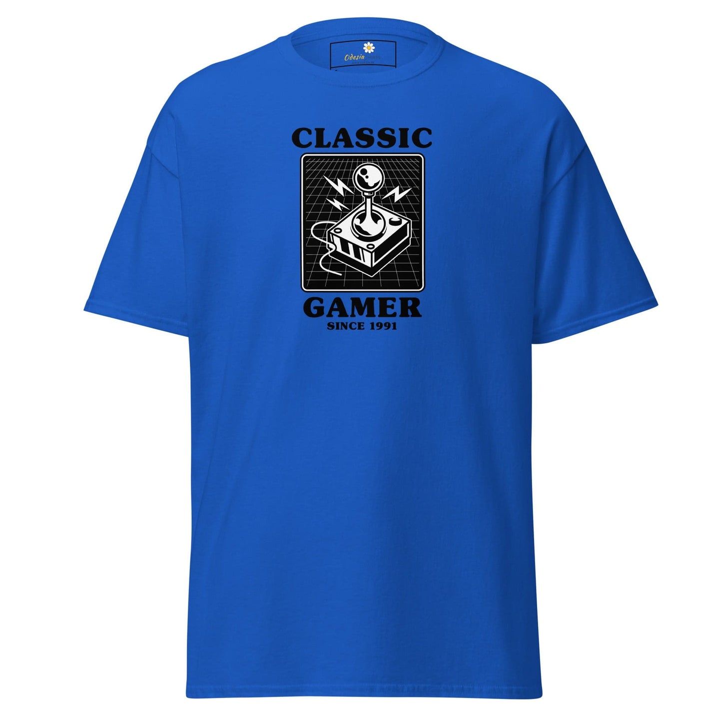 Blue T-shirt with retro gaming design for men and women, available in sizes S to XL