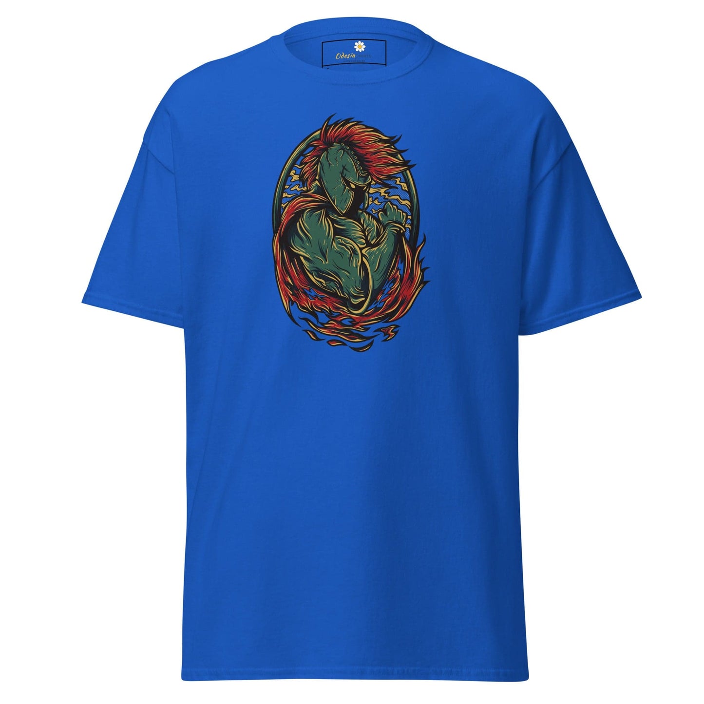 Blue T-shirt featuring a warrior graphic for men and women in sizes S to XL