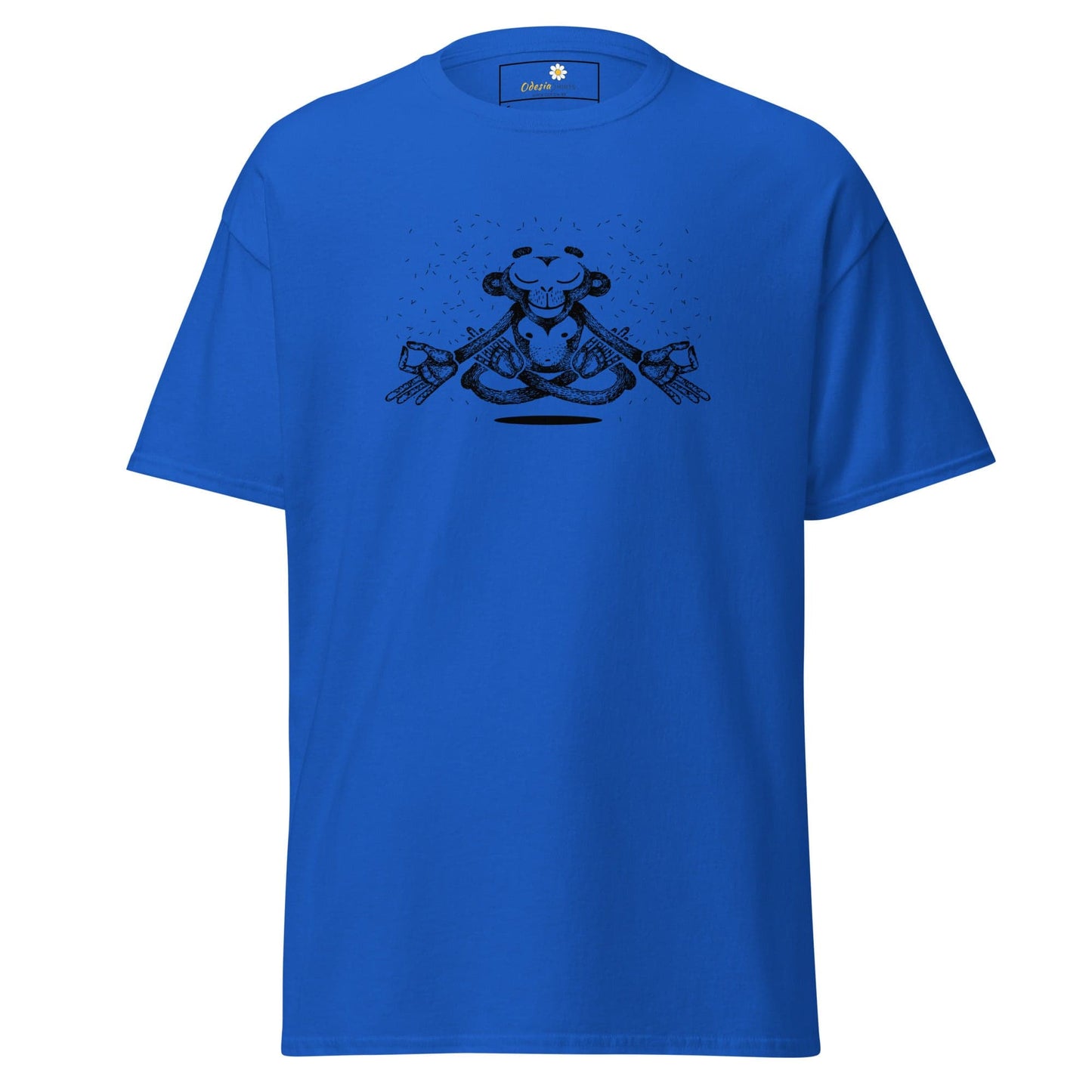 Blue T-shirt with meditating monkey design for men and women in sizes S to XL