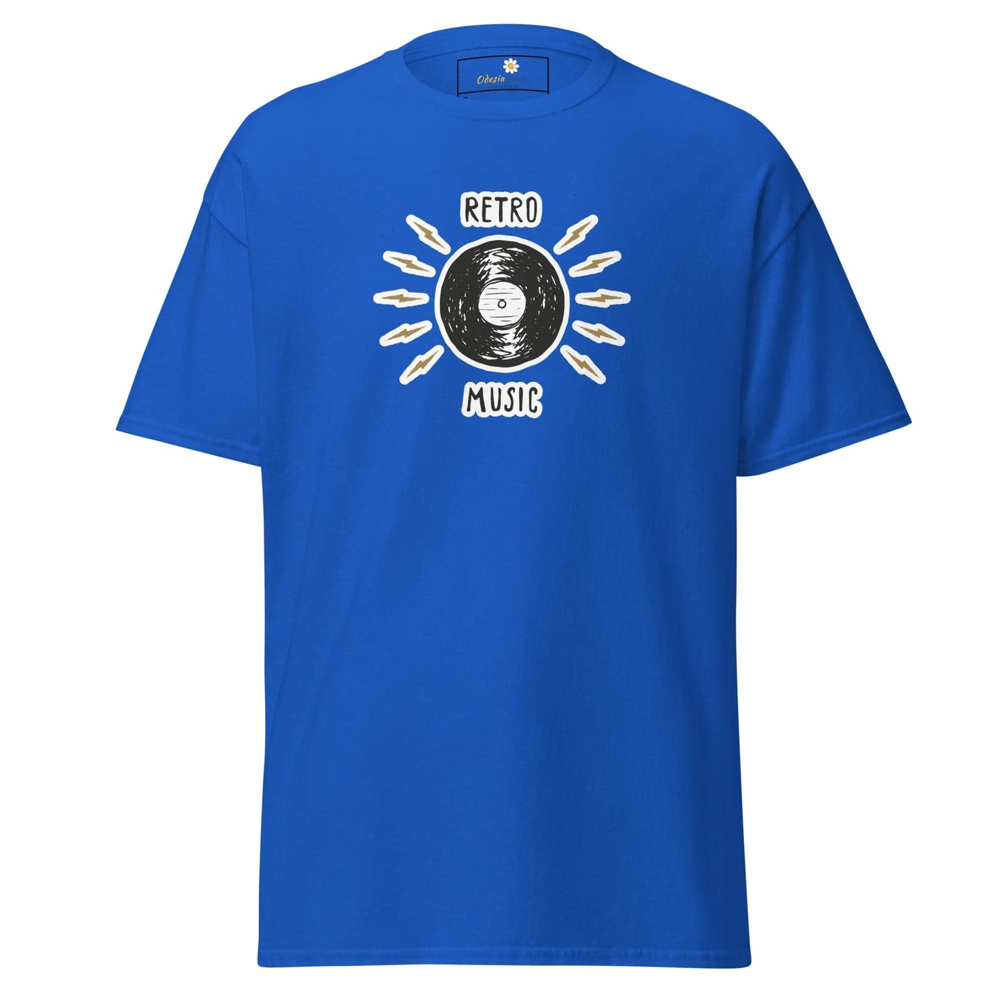Blue T-shirt with retro music design for men and women in sizes S to XL