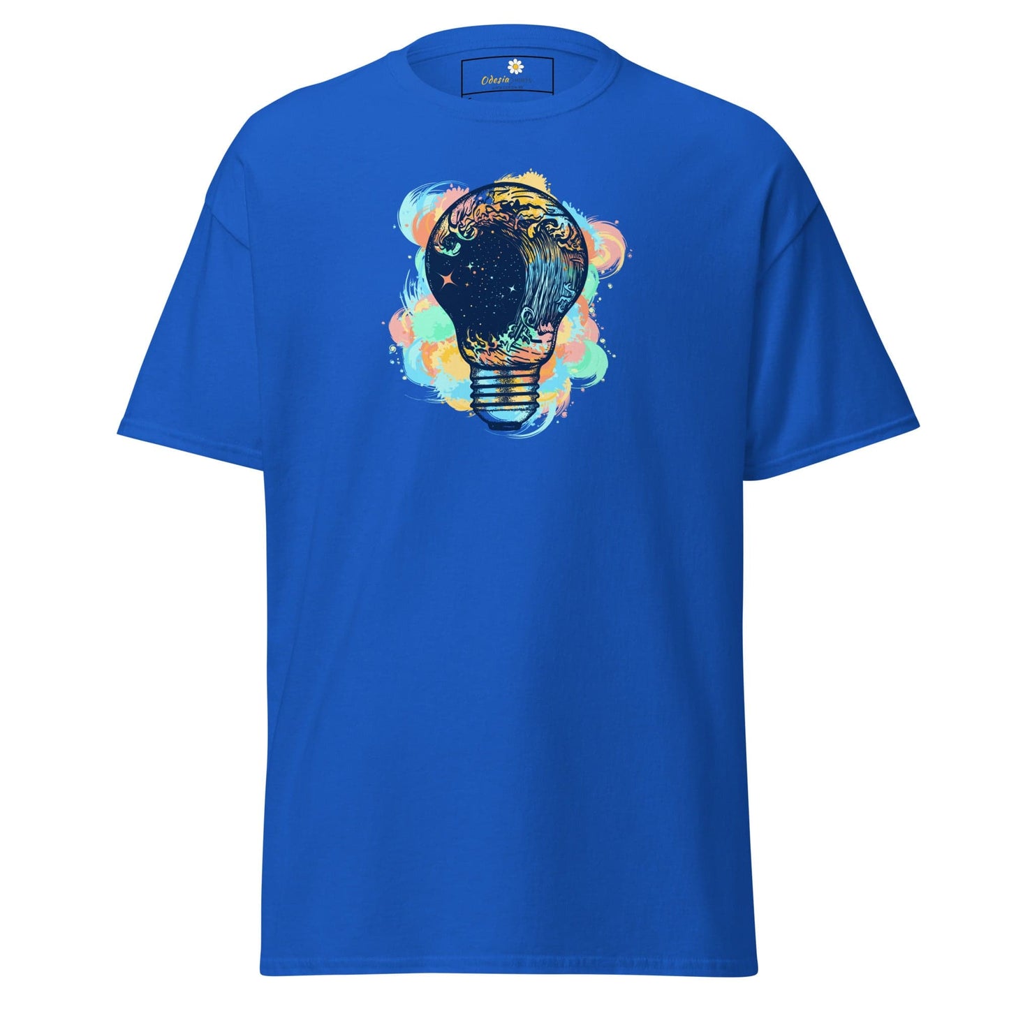 Blue T-shirt with lightbulb graphic displayed on the T-SHIRT DESIGN TEE for Men and Women