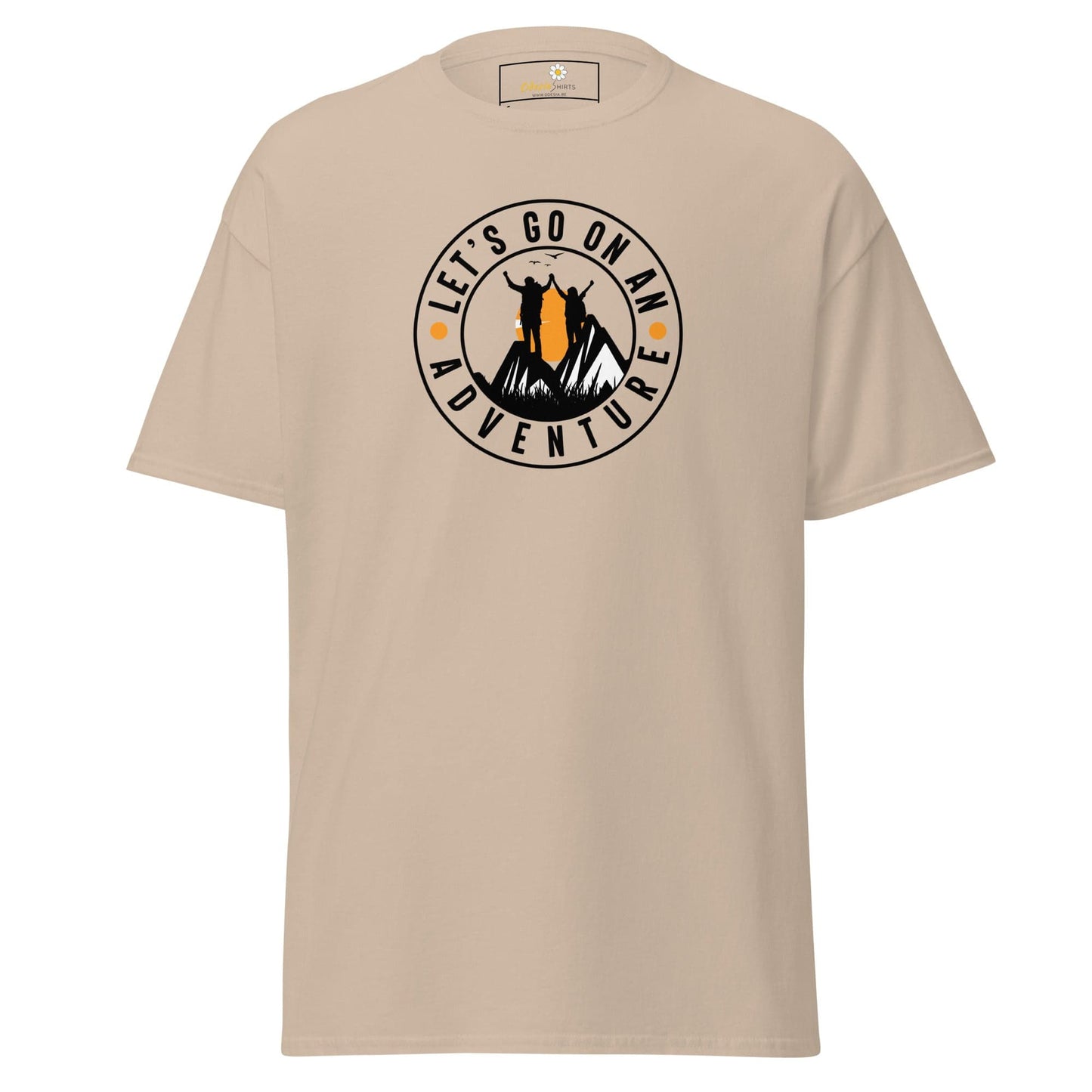 Beige T-shirt with adventure graphic for men and women in sizes S to XL