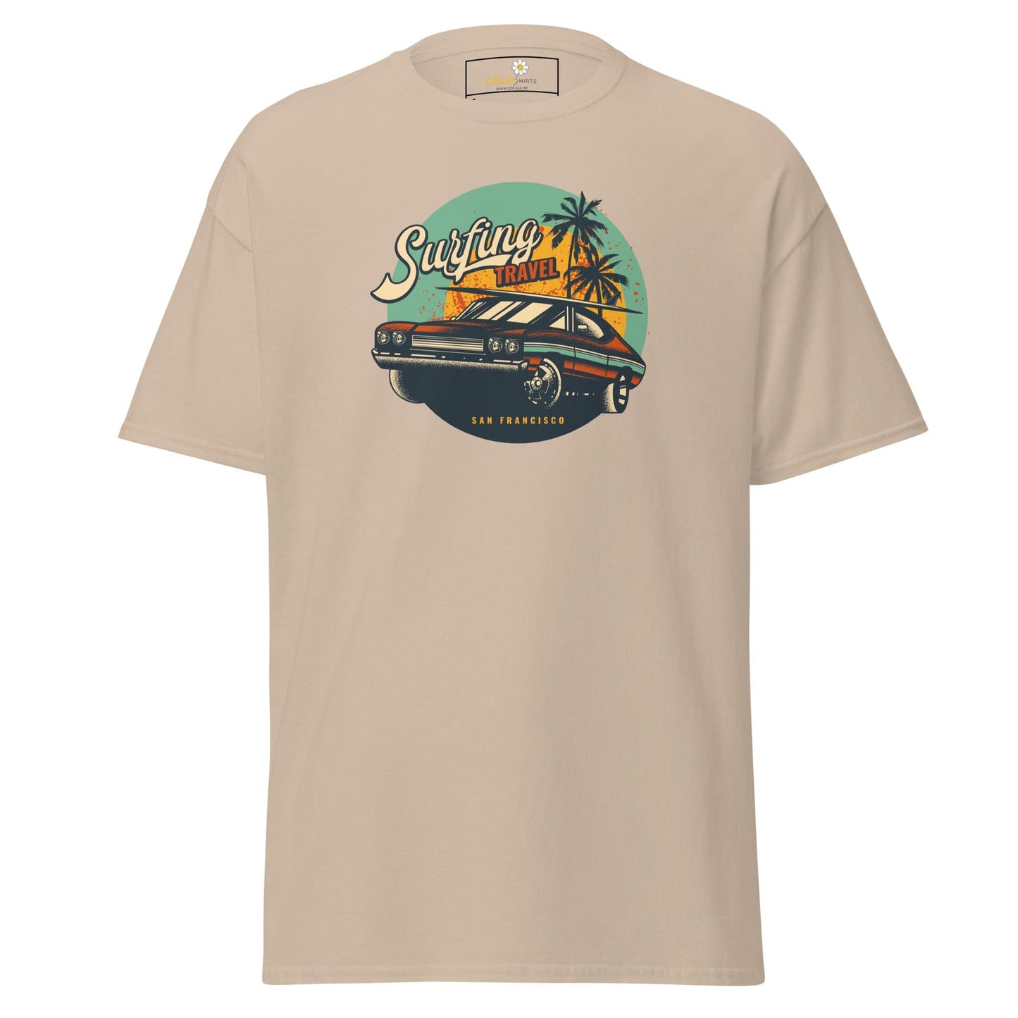 Beige T-shirt with car graphic, suitable for Men and Women, available in sizes S to XL