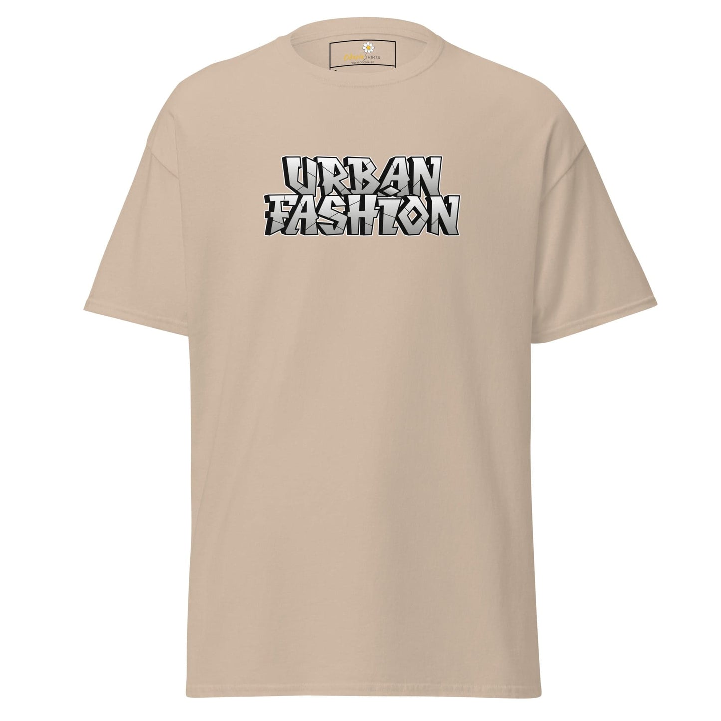 Beige T-shirt featuring Urban Fashion text, designed for men and women, available in sizes S to XL